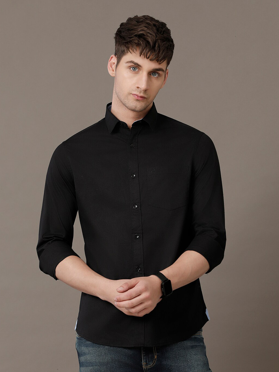 

Double Two Comfort Slim Fit Spread Collar Cotton Casual Shirt, Black