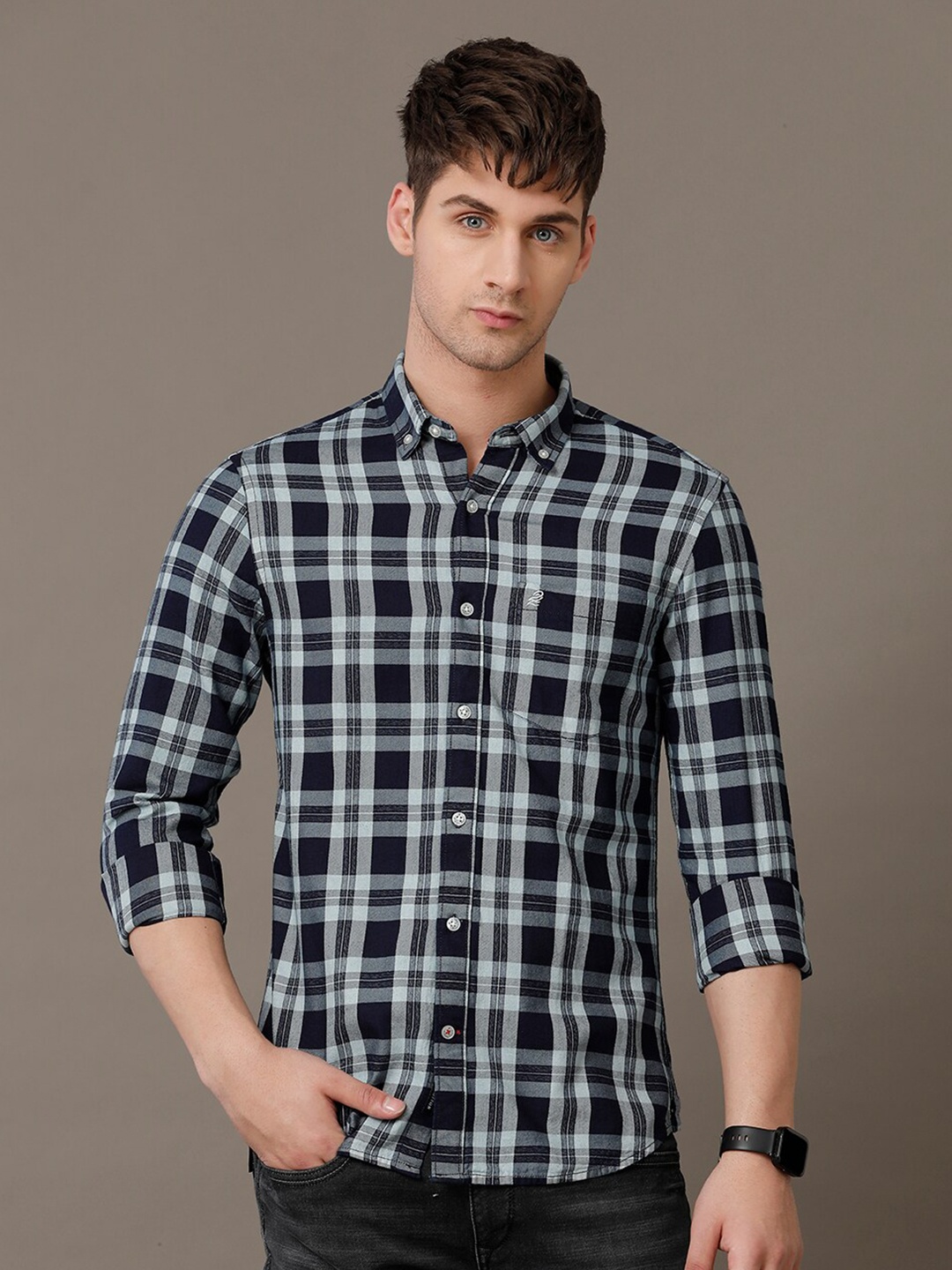 

Double Two Comfort Slim Fit Tartan Checked Cotton Casual Shirt, Blue