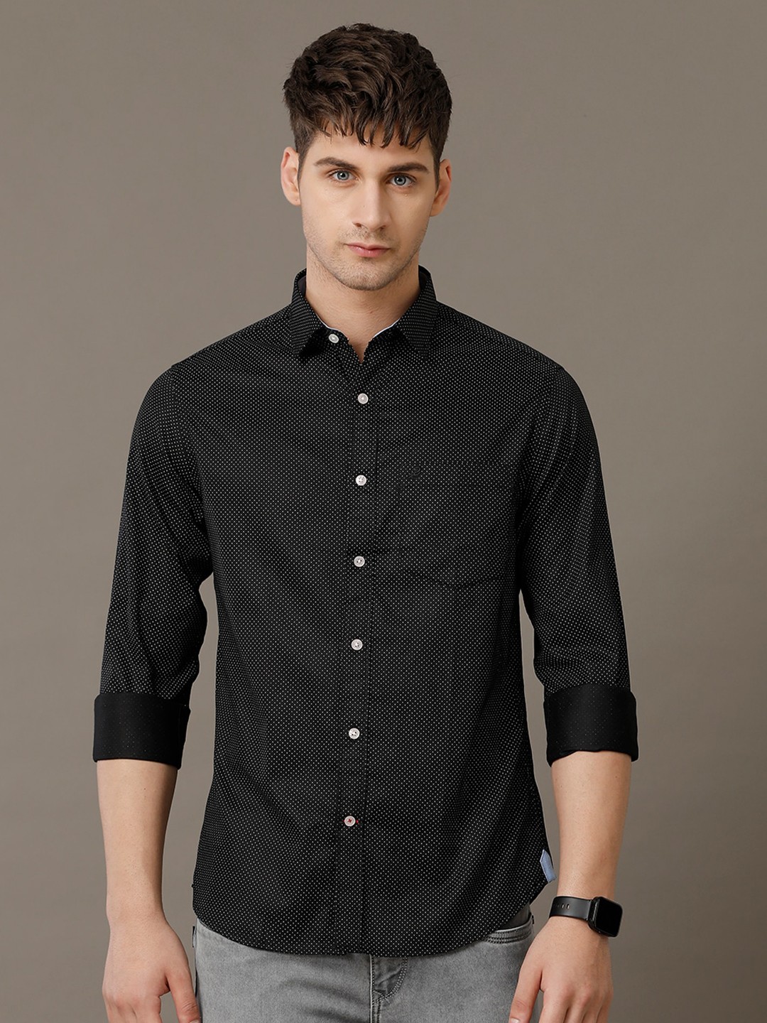 

Double Two Comfort Slim Fit Polka Dot Printed Cotton Casual Shirt, Black