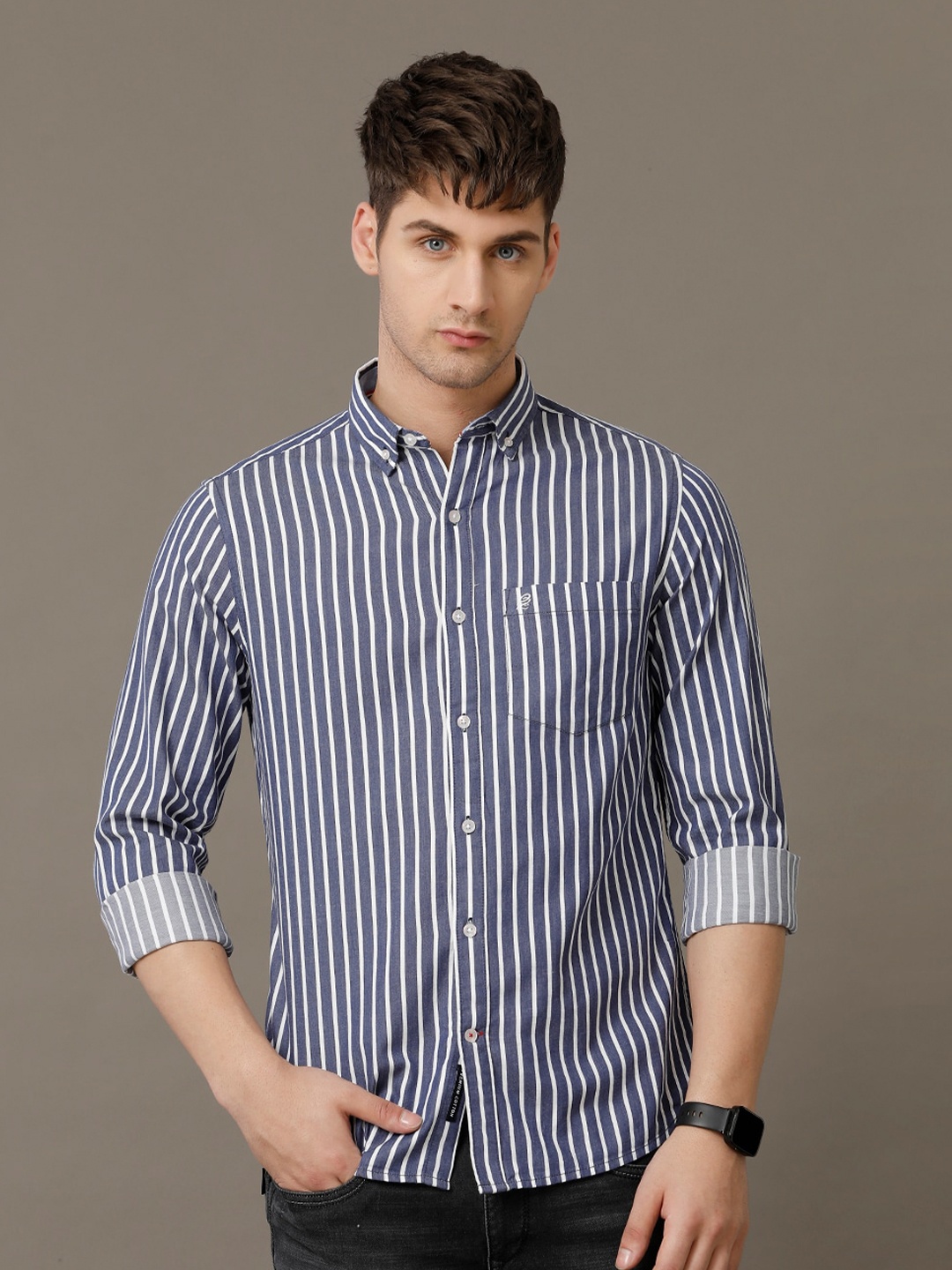 

Double Two Comfort Slim Fit Vertical Striped Button-Down Collar Cotton Casual Shirt, Blue
