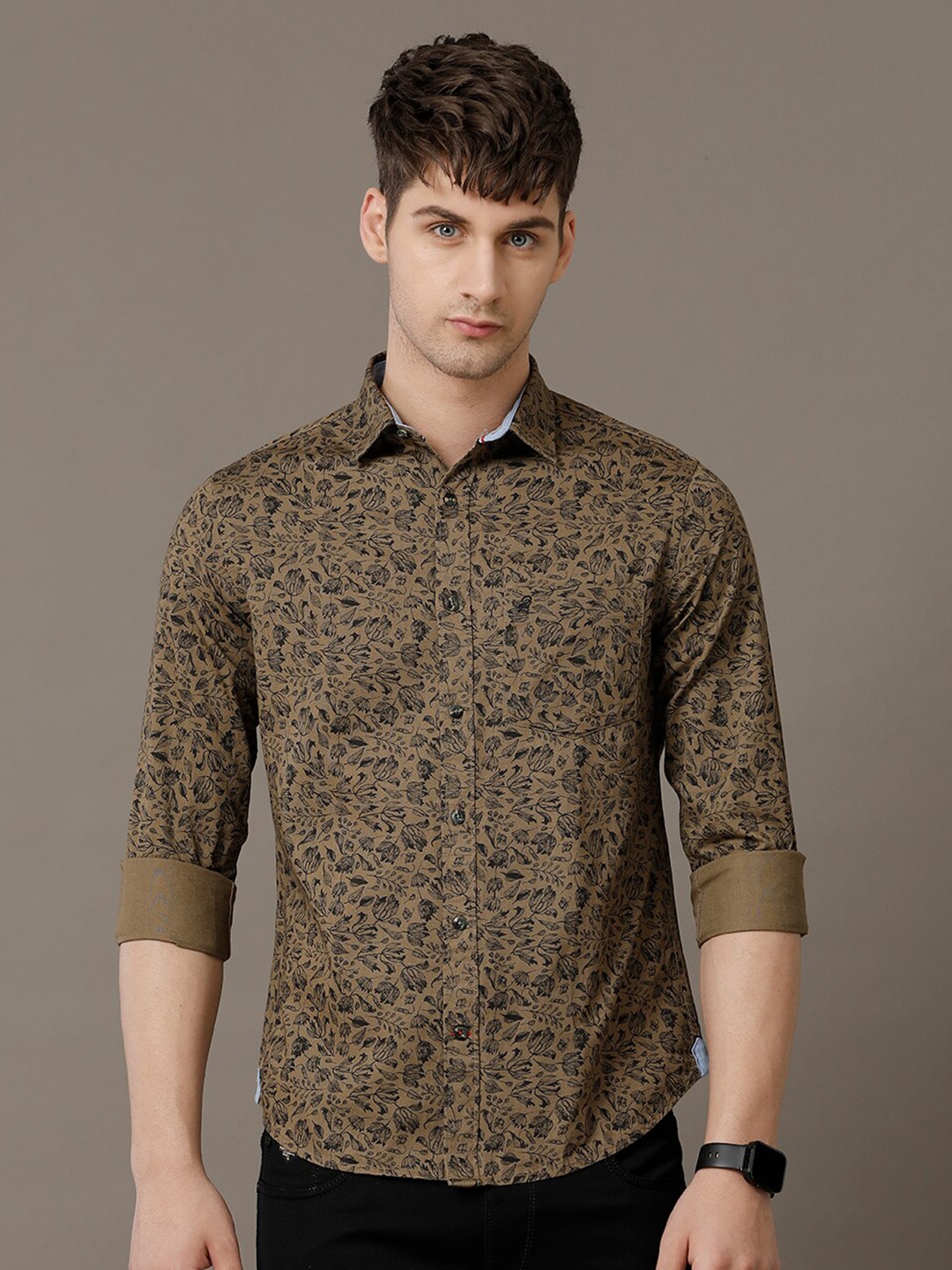 

Double Two Comfort Slim Fit Floral Spread Collar Cotton Shirt, Khaki