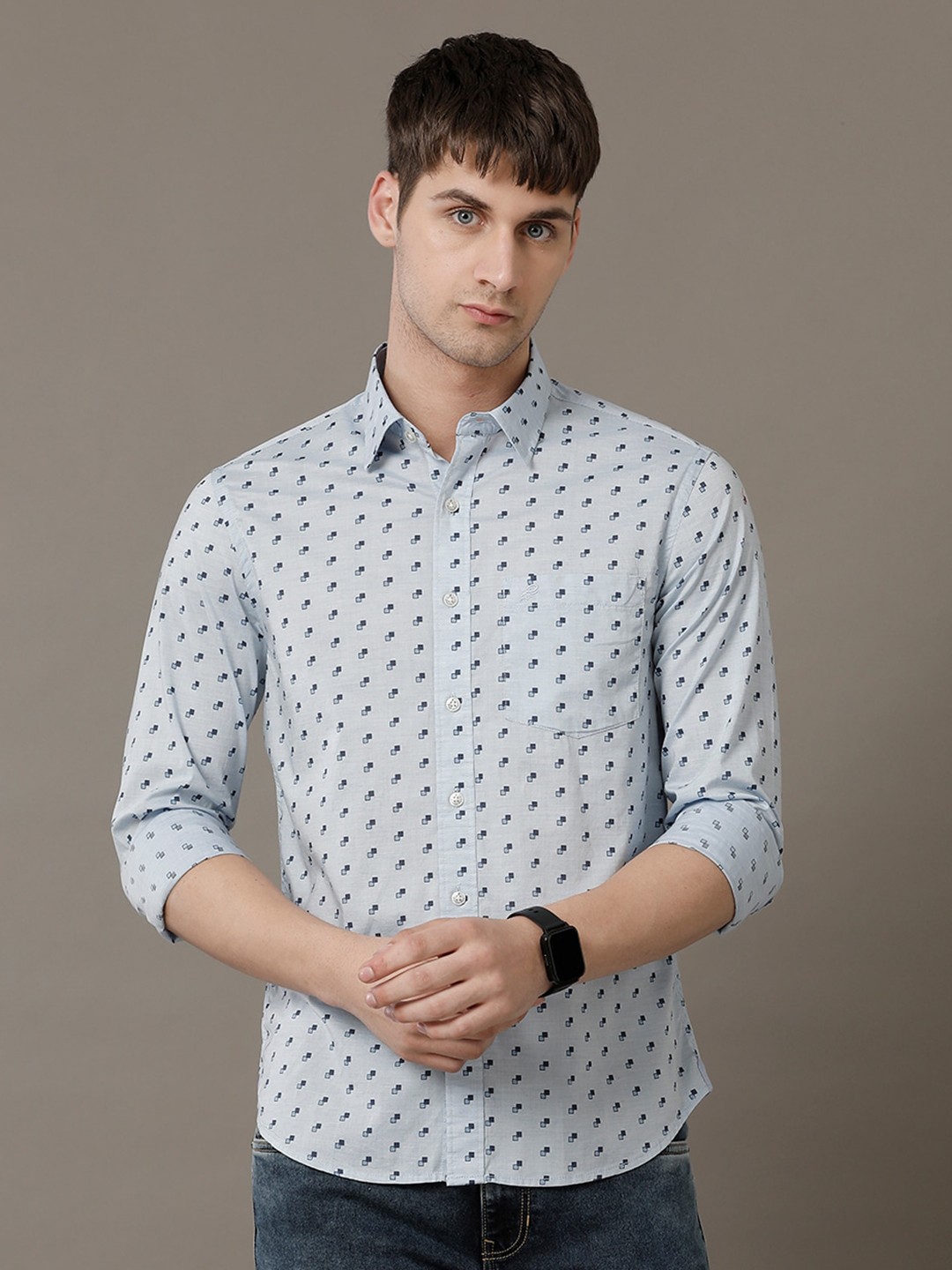 

Double Two Comfort Slim Fit Micro Ditsy Printed Spread Collar Cotton Shirt, Blue