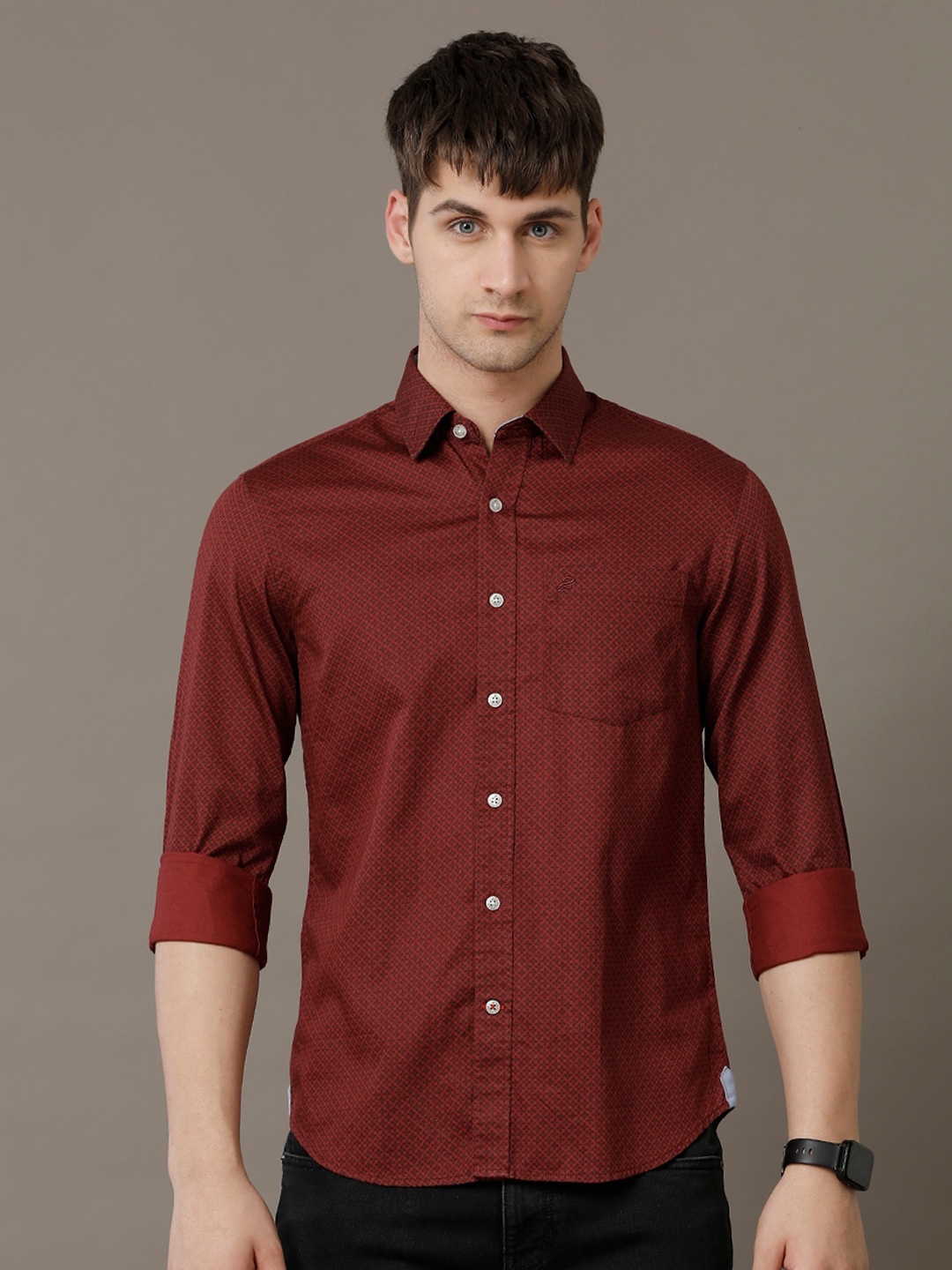 

Double Two Comfort Slim Fit Spread Collar Cotton Shirt, Maroon