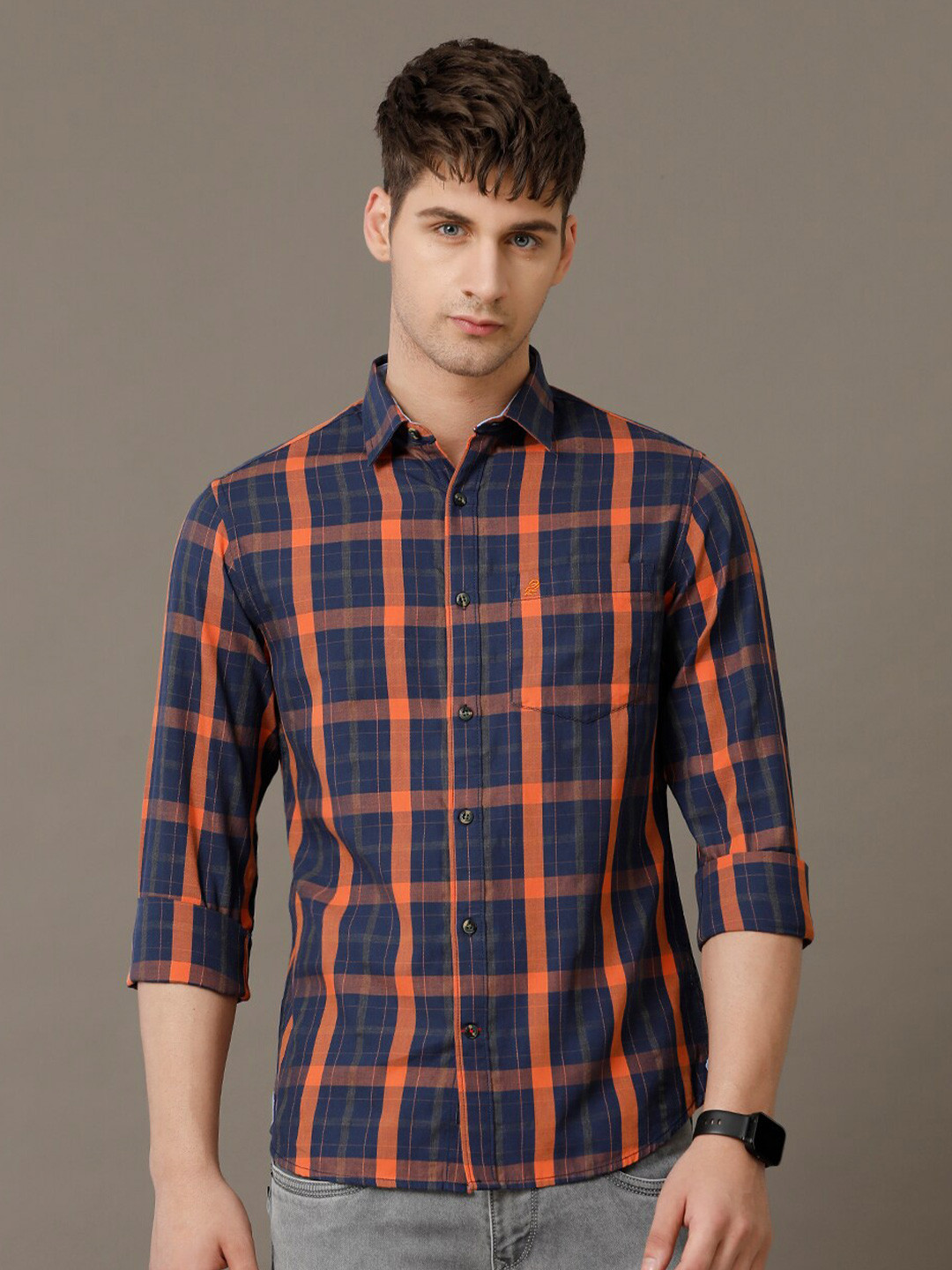 

Double Two Comfort Slim Fit Tartan Checked Spread Collar Oxford Cotton Casual Shirt, Navy blue
