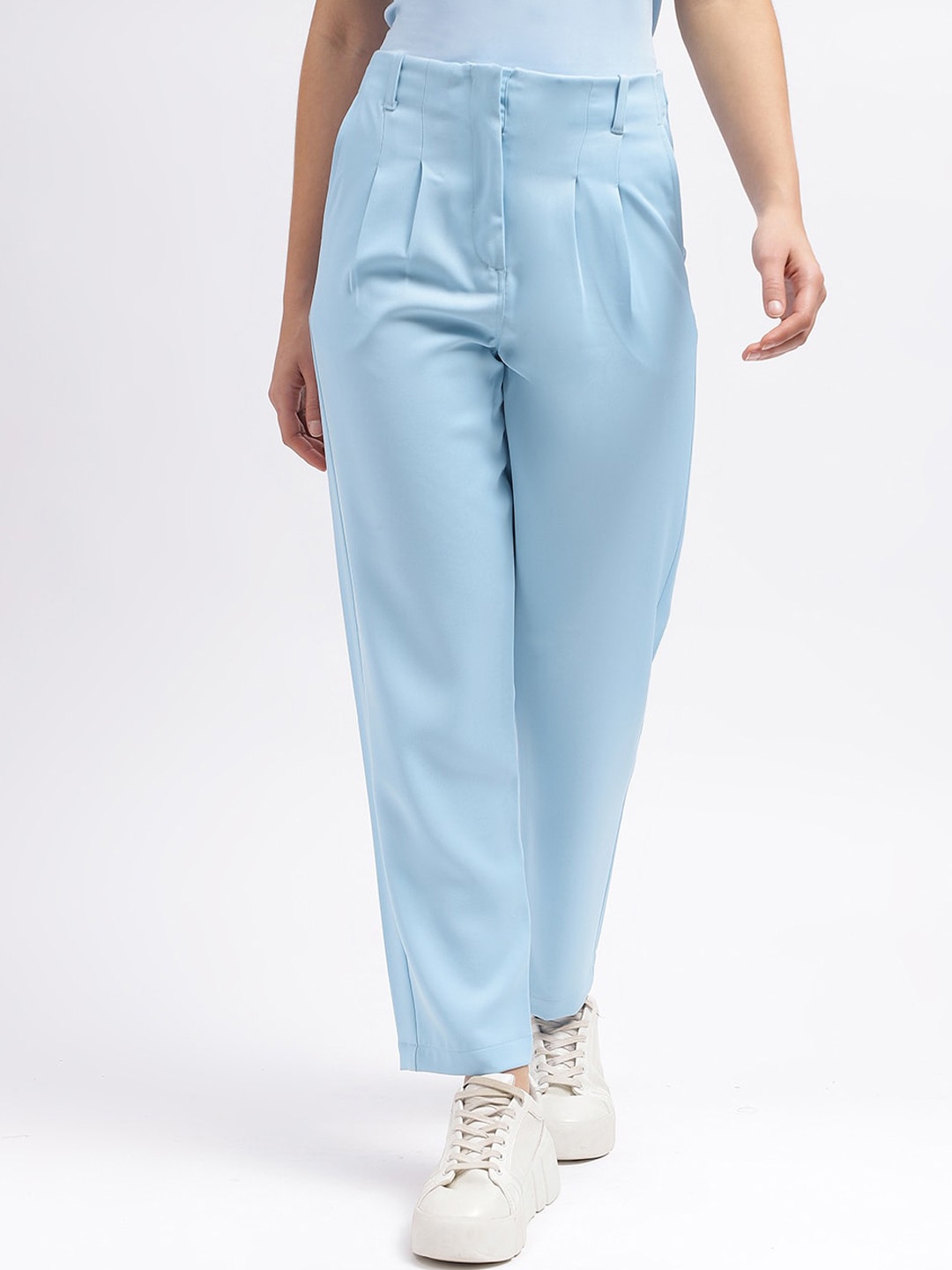 

ELLE Women Straight Fit High-Rise Pleated Trousers, Blue