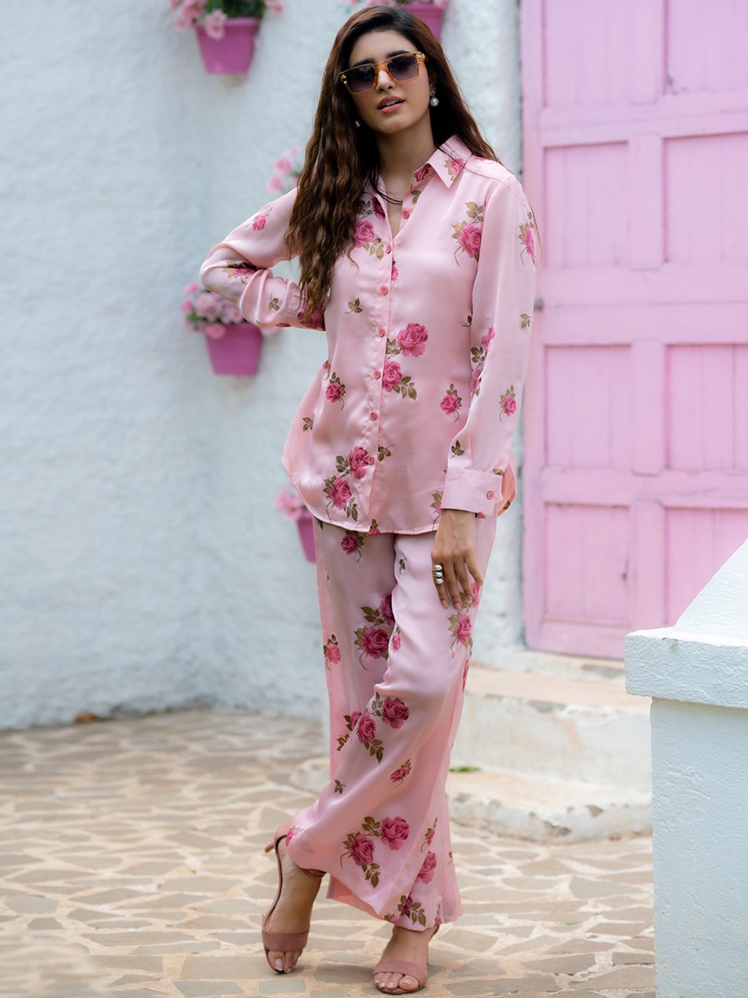 

Ambraee Printed Shirt & Trouser Co-Ord set, Pink