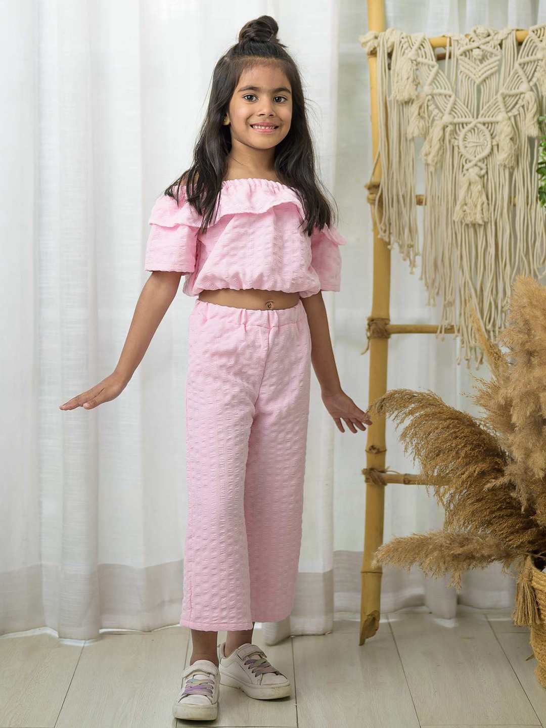 

Fairies Forever Girls Self Design Off-Shoulder Top with Dhoti Pants, Pink