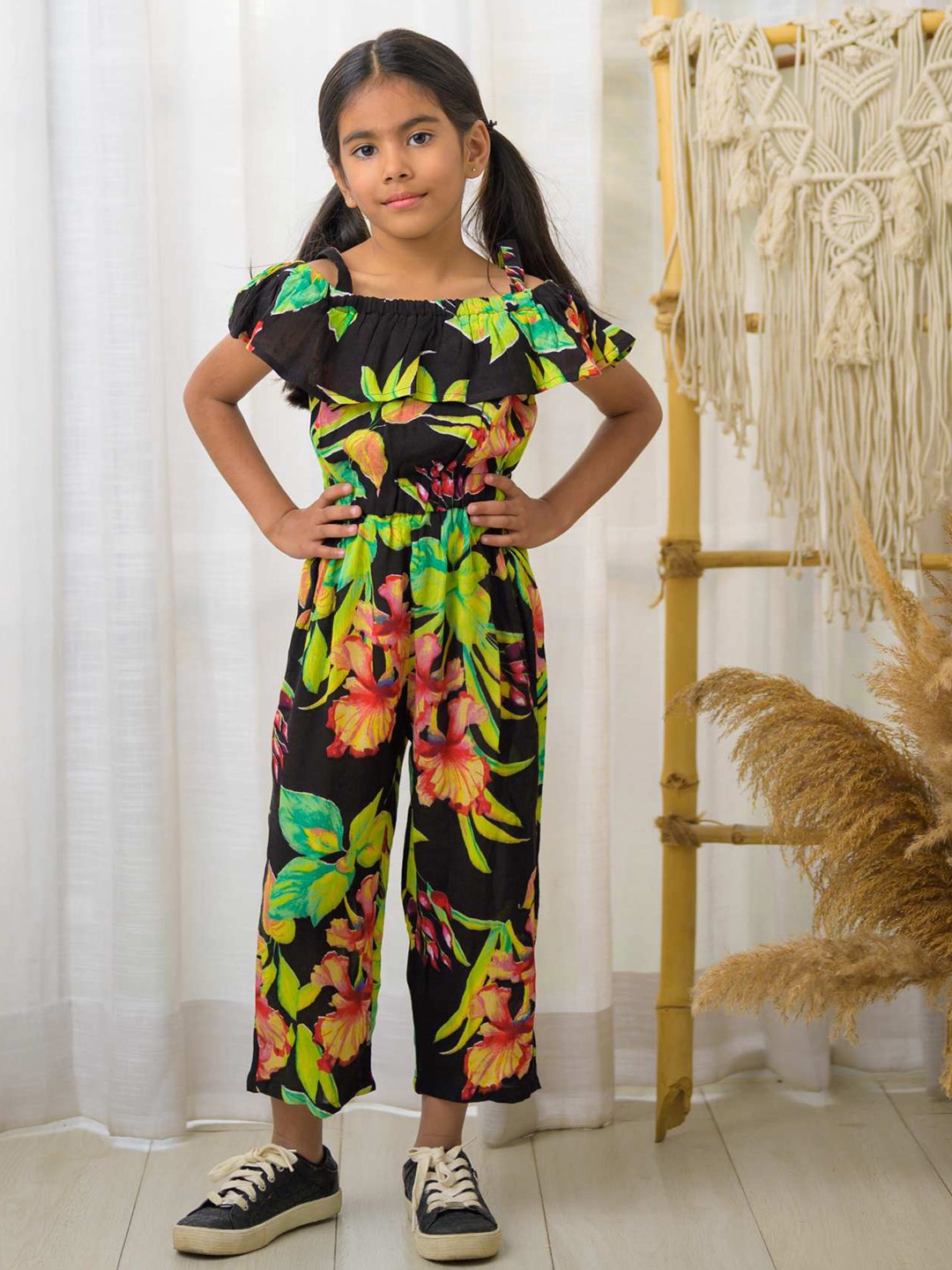

Fairies Forever Girls Floral Printed Off-Shoulder Pure Cotton Basic Jumpsuit, Black