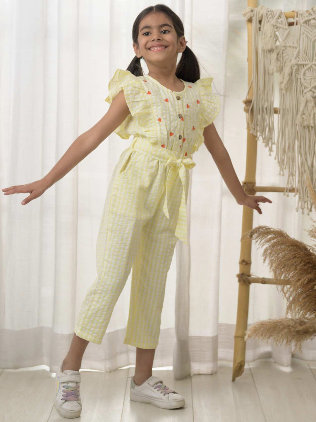 

Fairies Forever Girls Checked Waist Tie Up Pure Cotton Basic Jumpsuit with Embroidered, Yellow