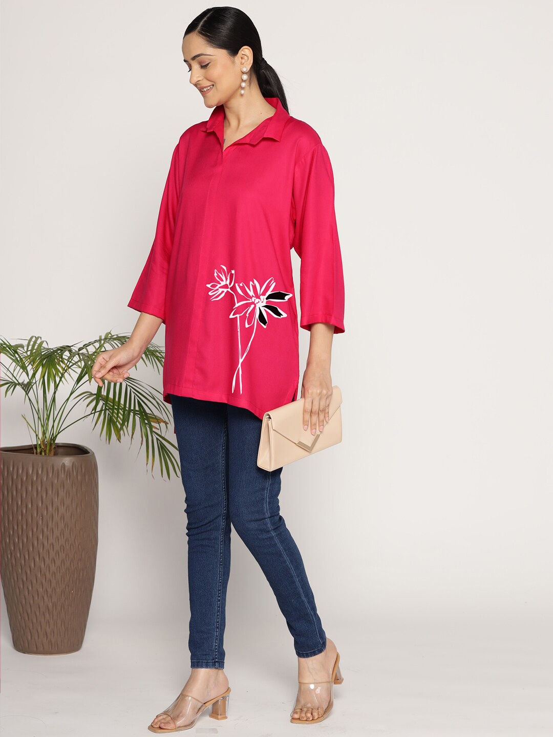 

LetsDressUp Floral Printed Shirt Collar High-Low Hem Tunic, Magenta