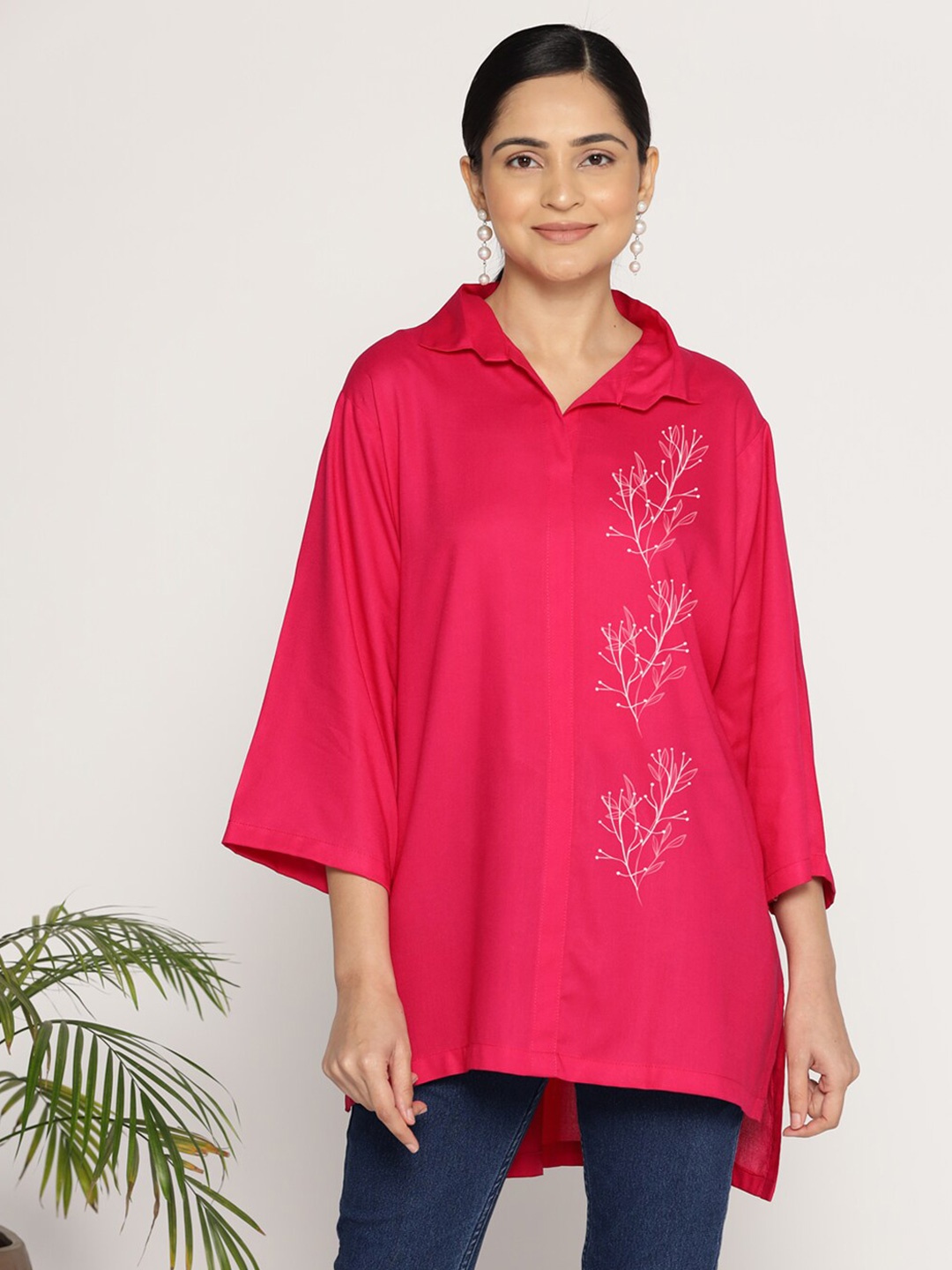 

LetsDressUp Floral Printed Shirt Collar Tunic, Magenta