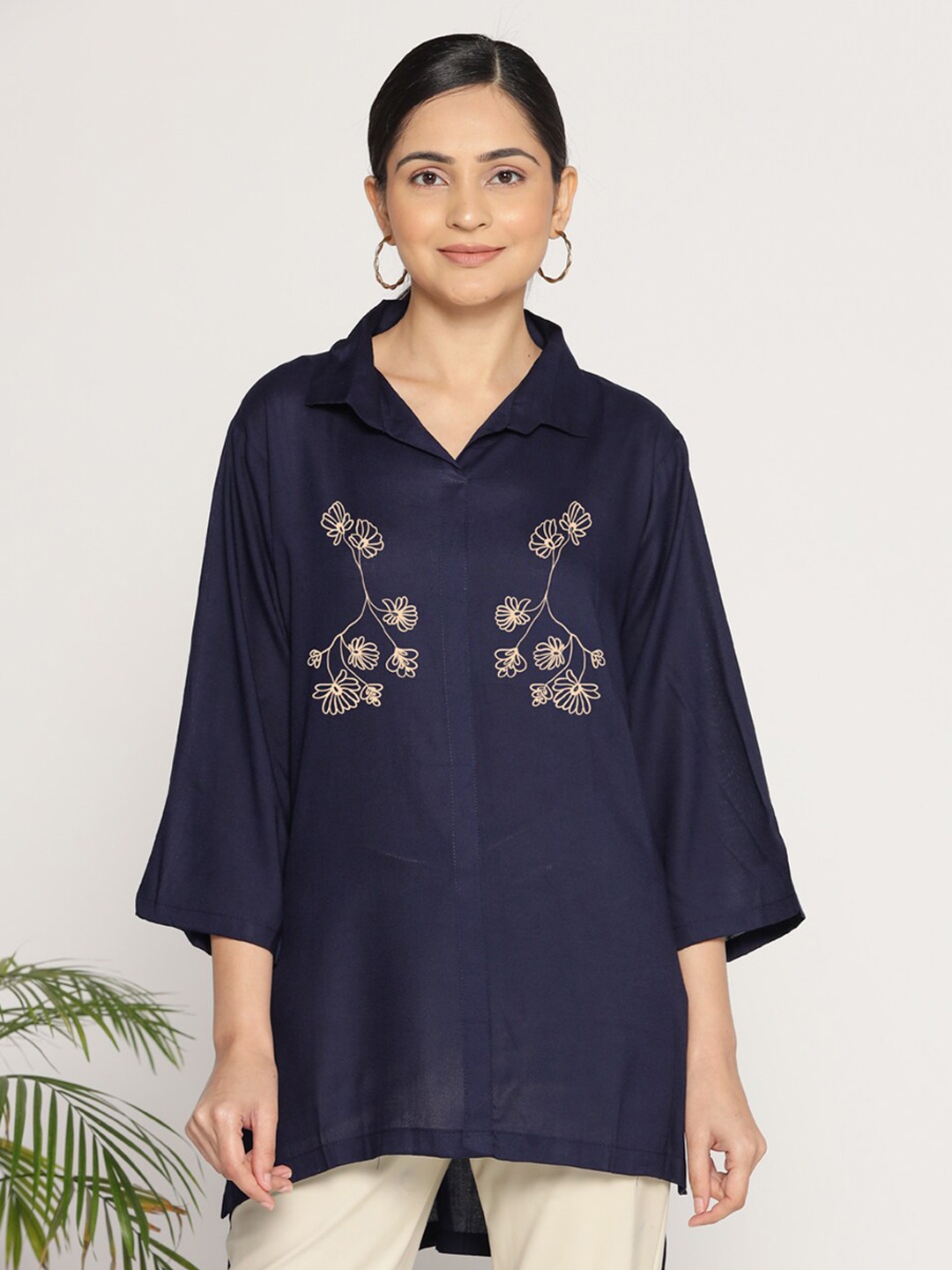 

LetsDressUp Floral Printed Shirt Collar Tunic, Navy blue