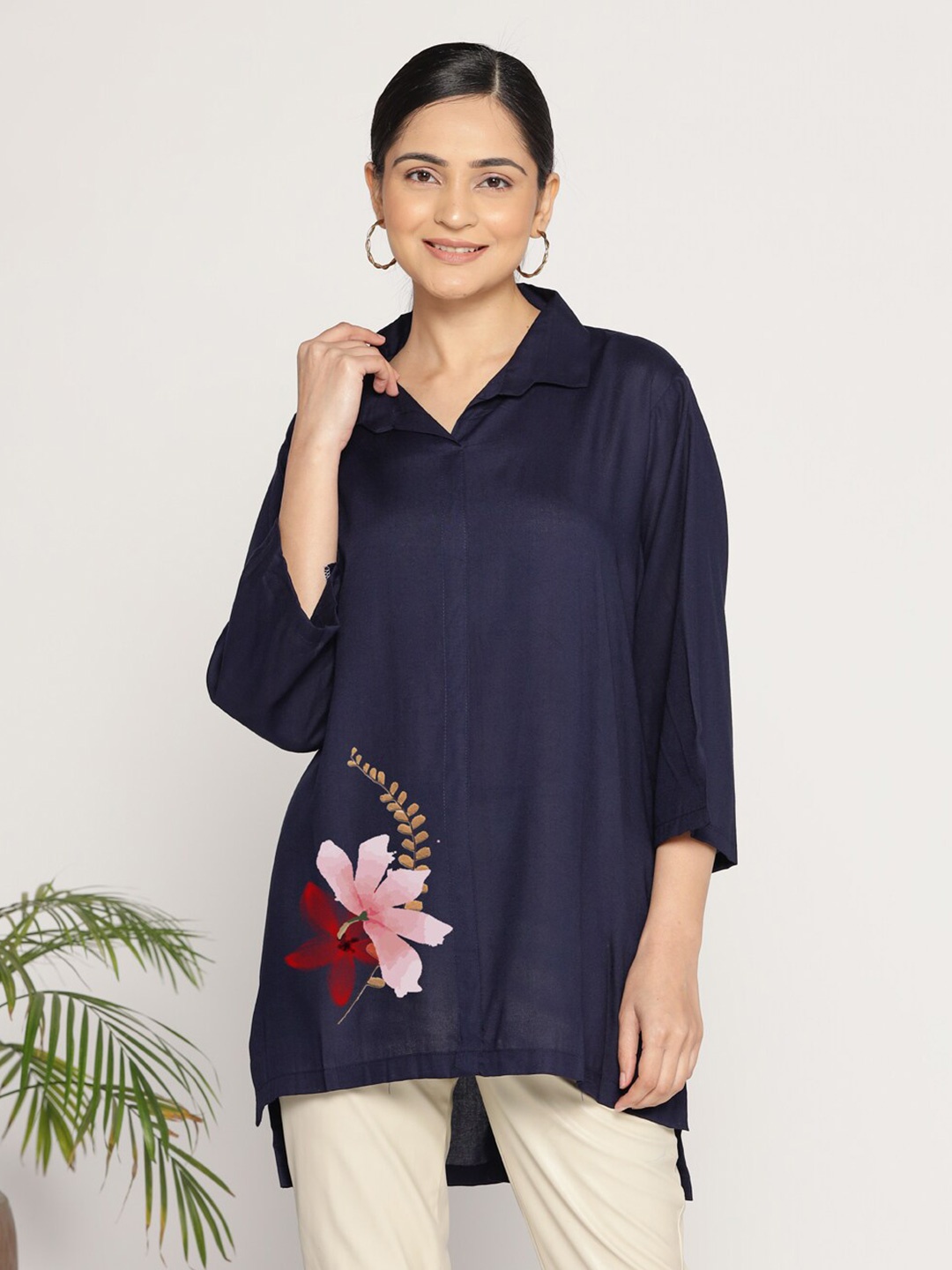 

LetsDressUp Floral Printed Shirt Collar Tunic, Navy blue