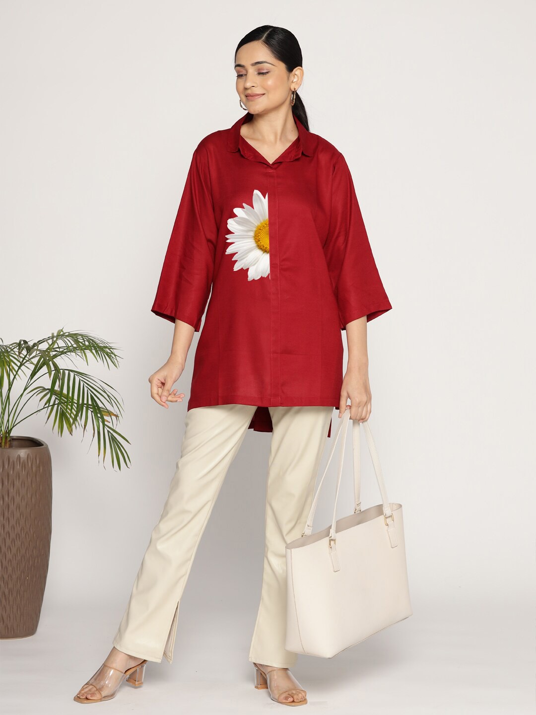 

LetsDressUp Floral Printed Shirt Collar High-Low Hem Tunic, Maroon