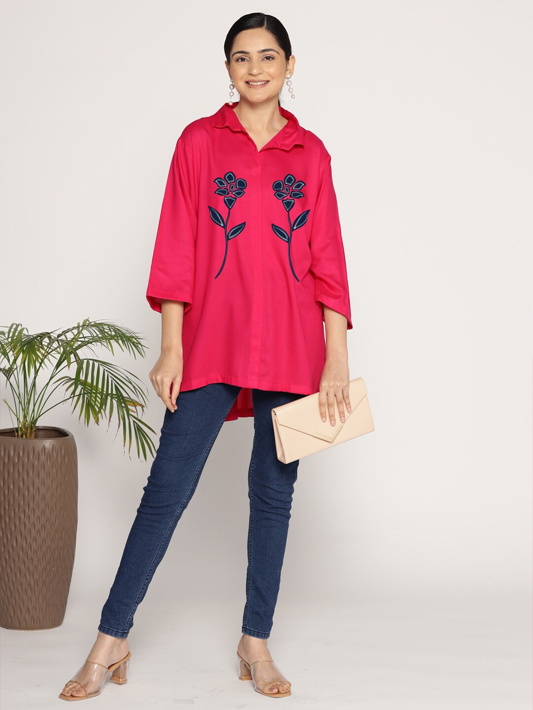 

LetsDressUp Floral Printed Shirt Collar Tunic, Magenta