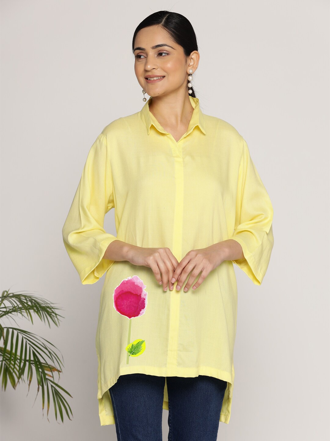 

LetsDressUp Floral Printed Shirt Collar High-Low Hem Tunic, Yellow