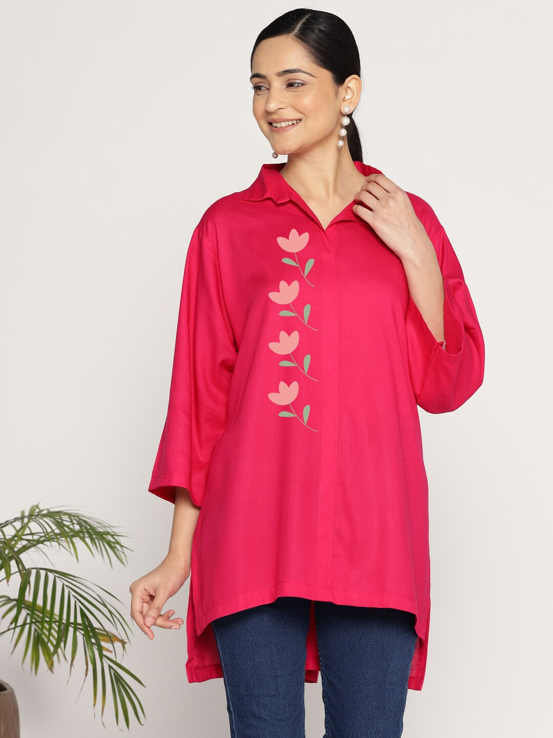 

LetsDressUp Floral Printed Shirt Collar High-Low Hem Tunic, Magenta