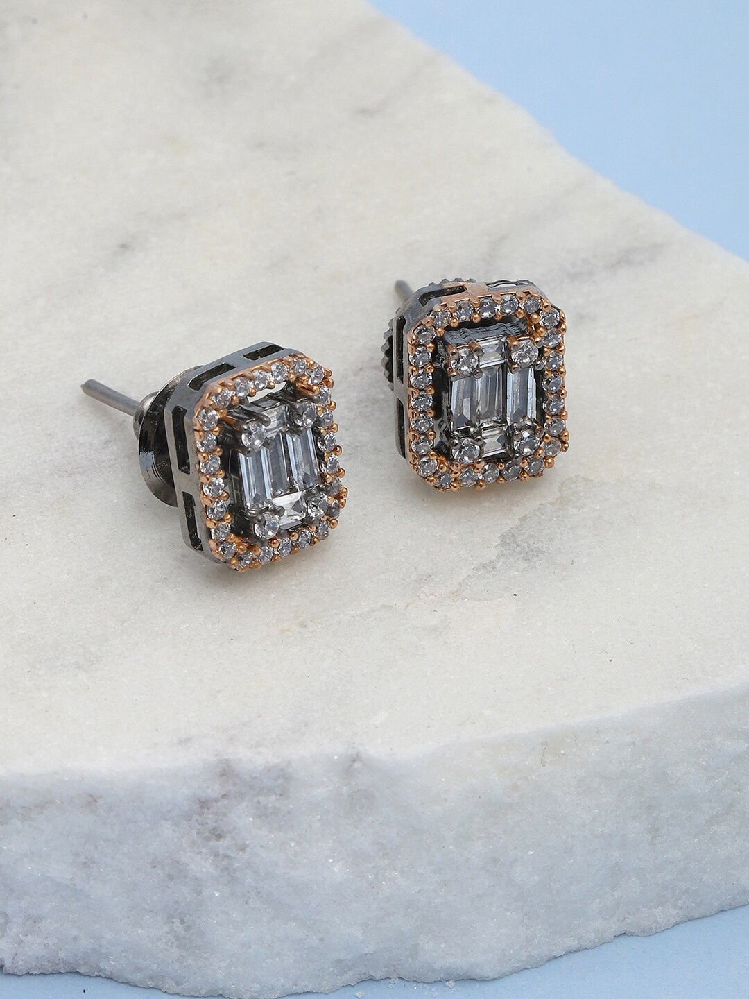 

RITU SINGH Rhodium Plated American Diamond Square Shaped Studs, Silver
