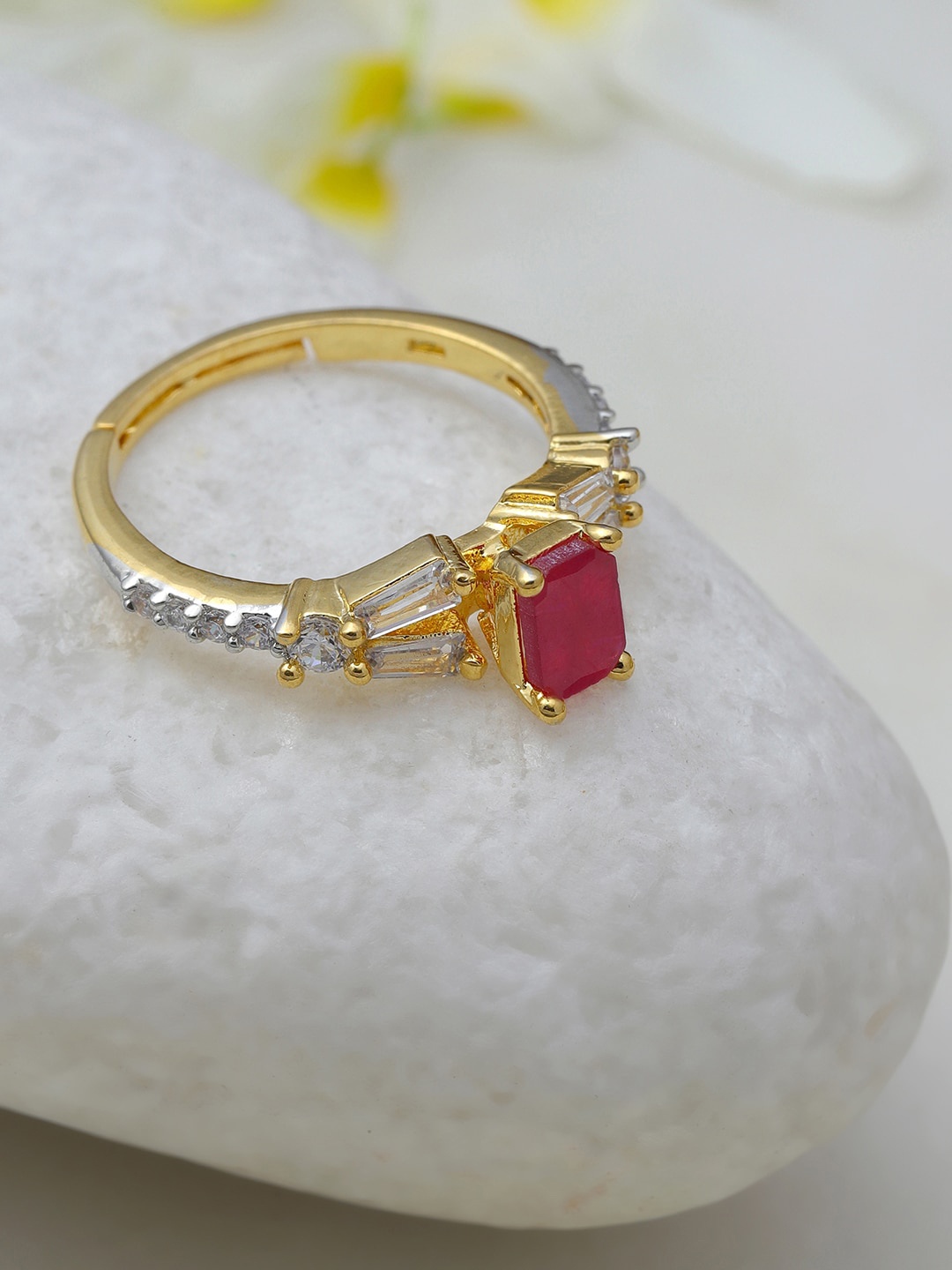 

RITU SINGH Gold-Plated American Diamond and Ruby Ring