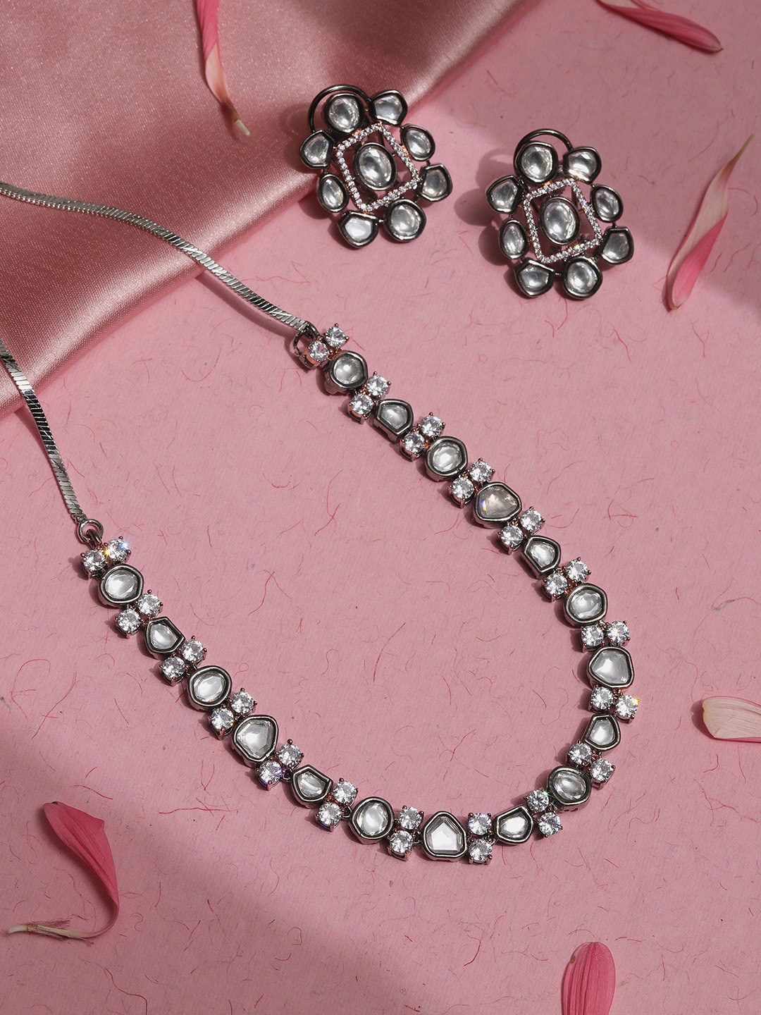 

RITU SINGH Silver-Plated American Diamond Studded Jewellery Set