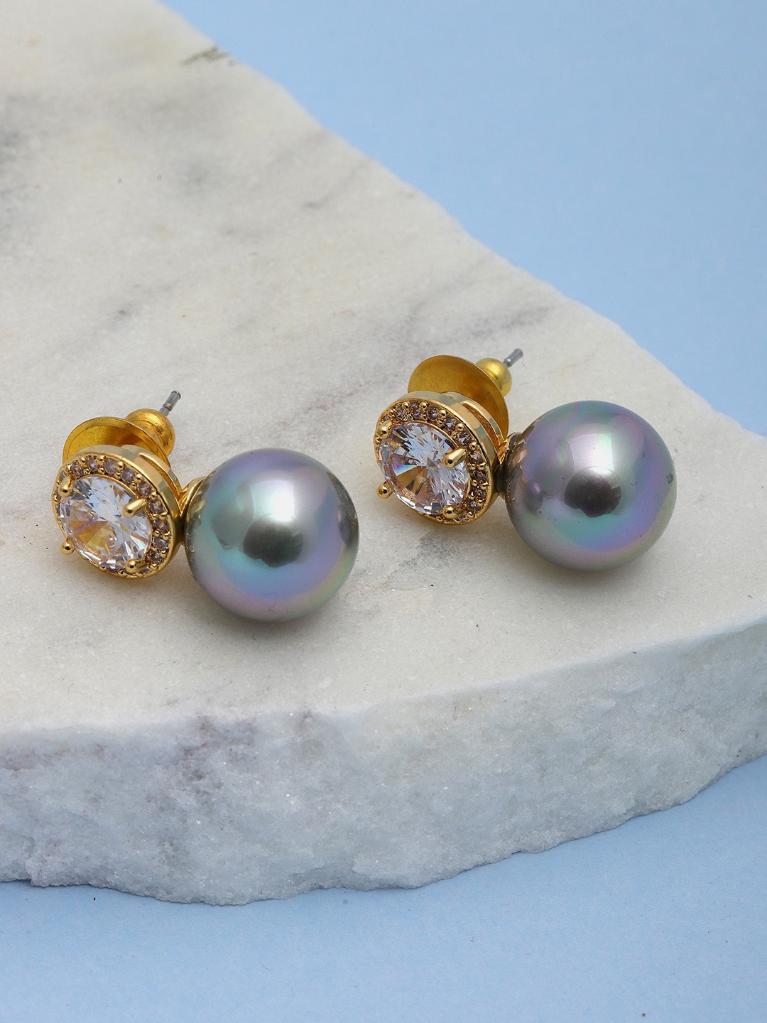 

RITU SINGH Gold Plated American Diamond Contemporary Studs, Green