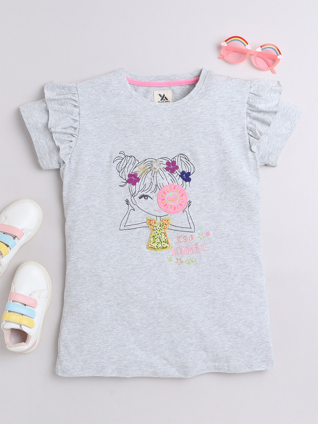 

Yellow Apple Girls Graphic Printed Cotton T-shirt, Grey