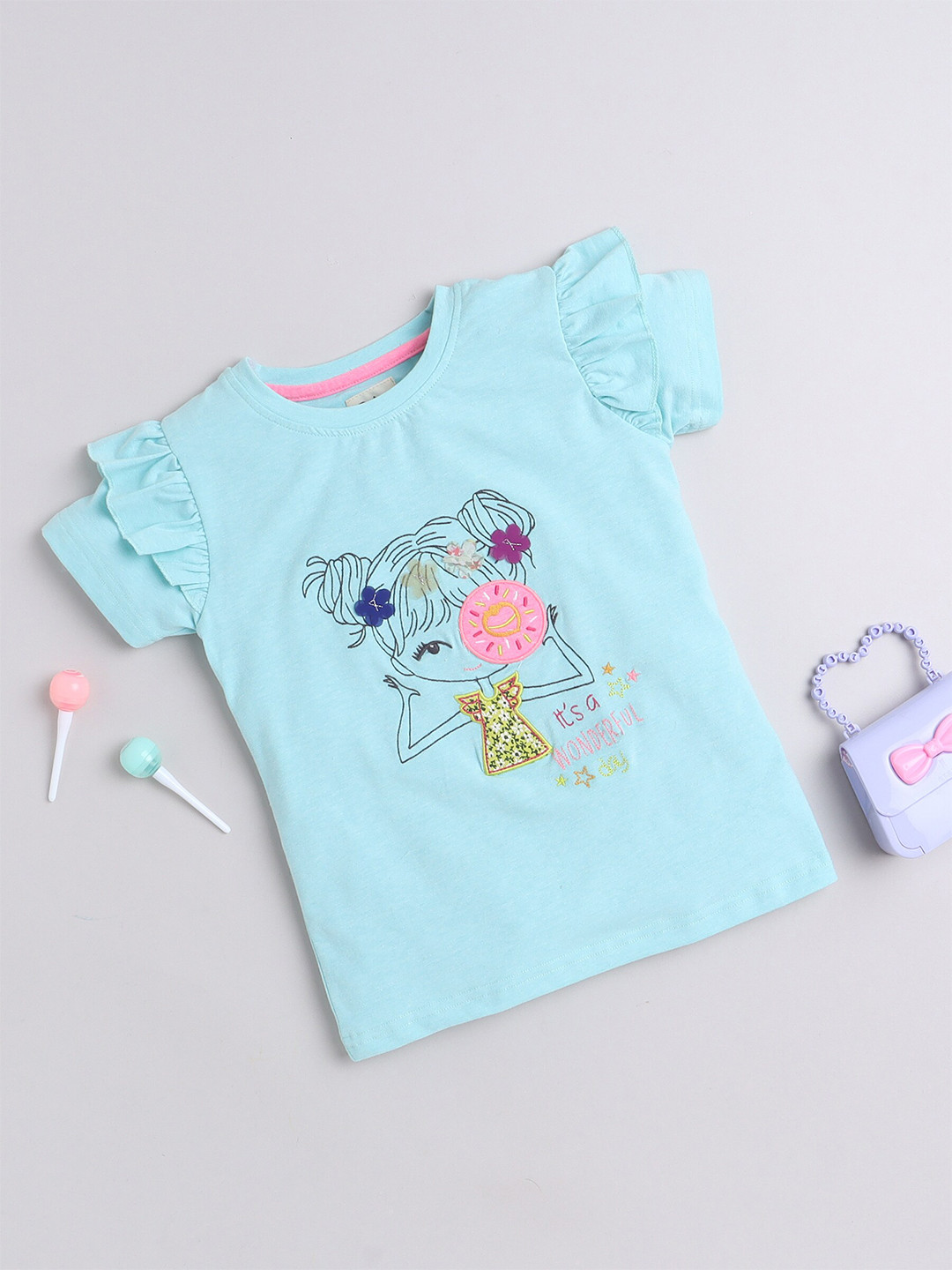 

Yellow Apple Girls Graphic Printed Cotton T-shirt, Turquoise blue