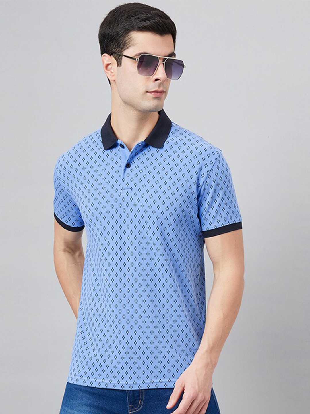 

98 Degree North Geometric Printed Polo Collar Cotton T-shirt, Blue