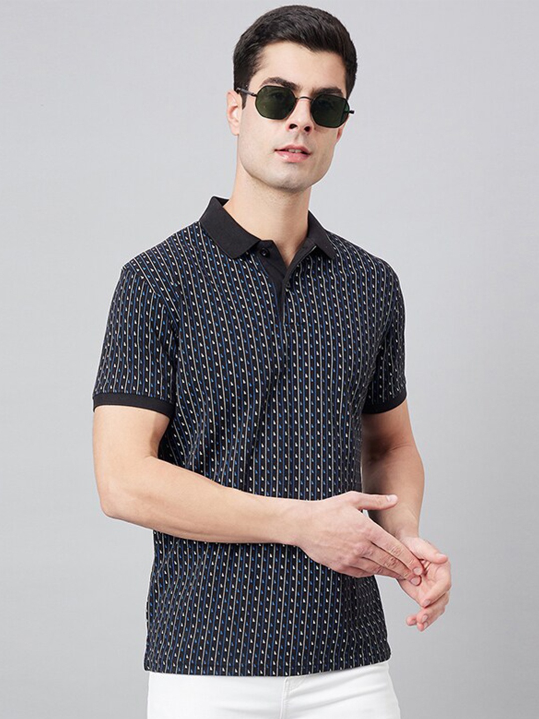 

98 Degree North Striped Polo Collar T-shirt, Black
