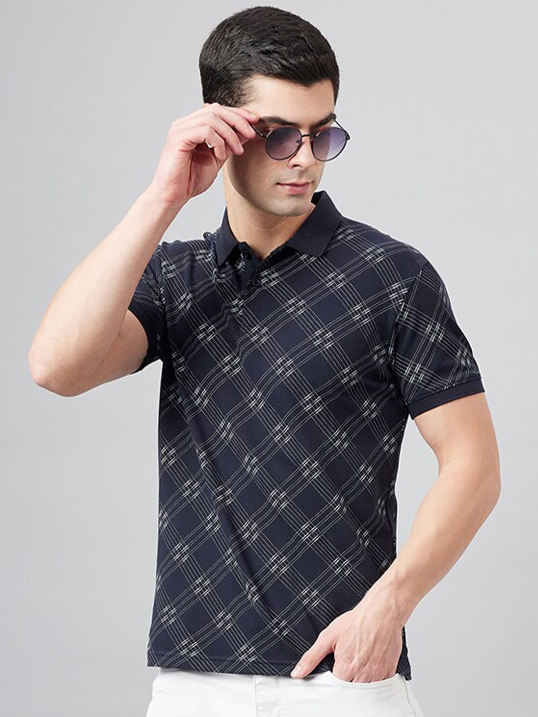 

98 Degree North Geometric Printed Polo Collar T-shirt, Navy blue