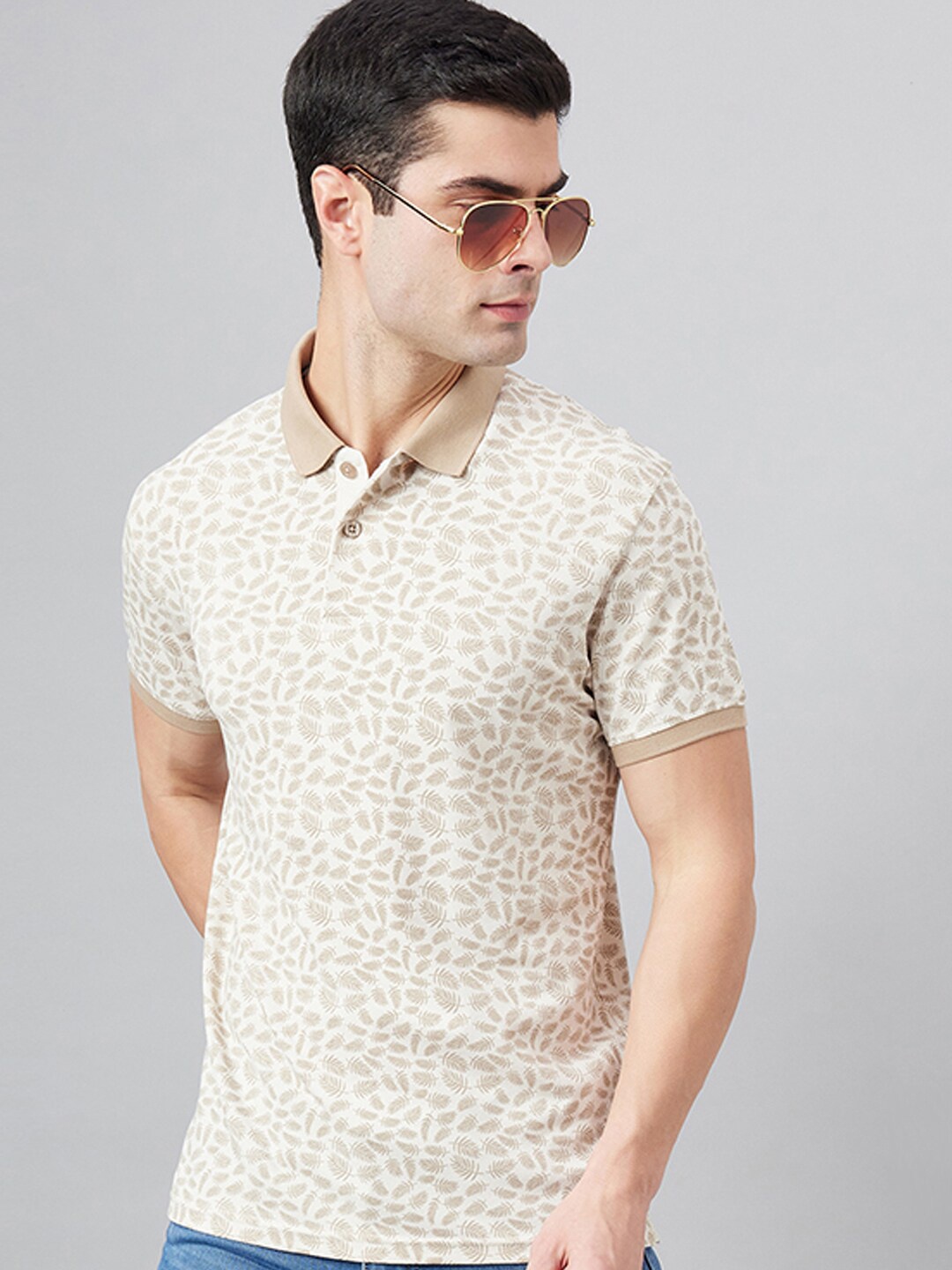 

98 Degree North Floral Printed Polo Collar Cotton T-shirt, Beige