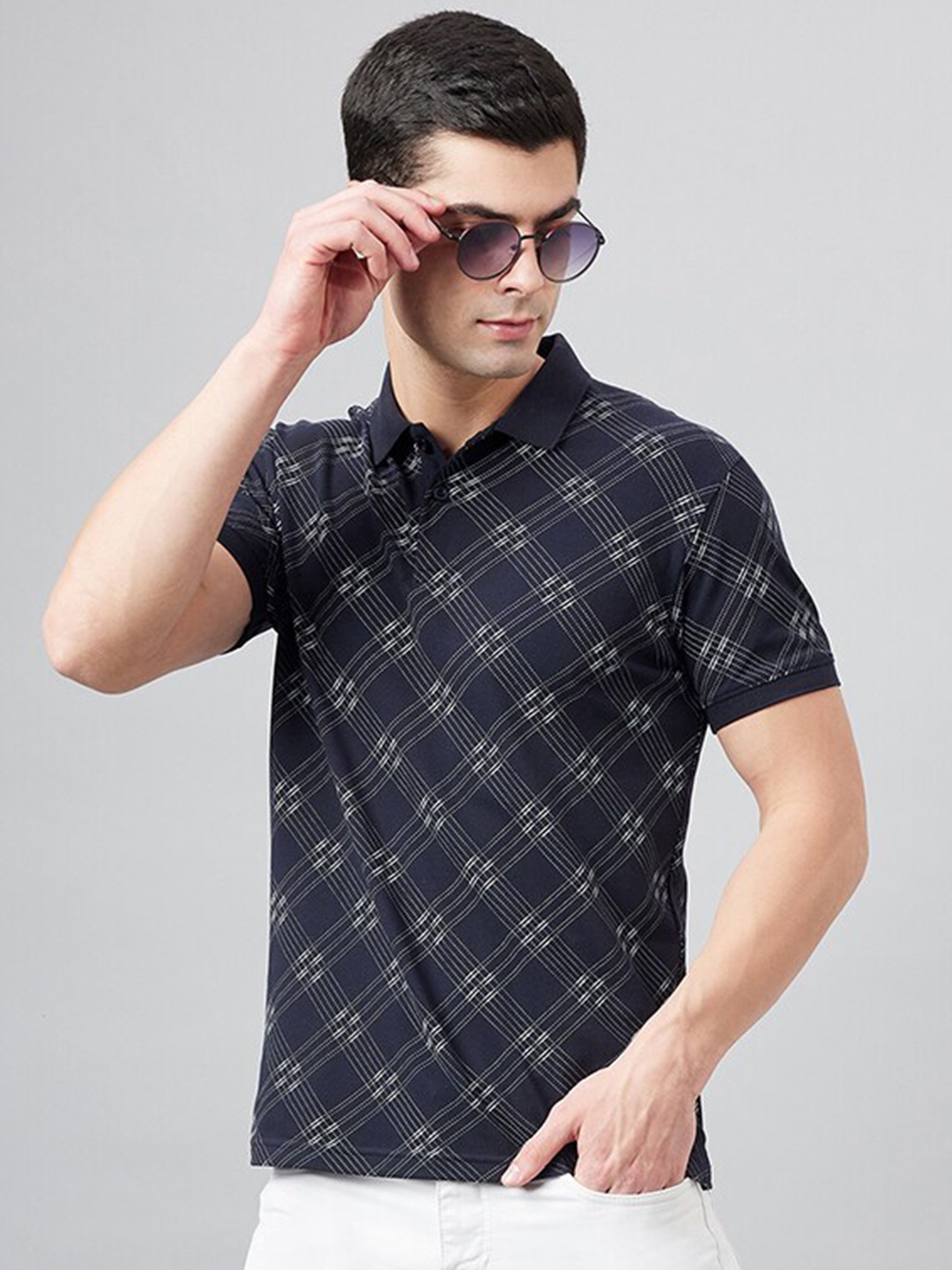 

98 Degree North Geometric Printed Polo Collar T-shirt, Navy blue