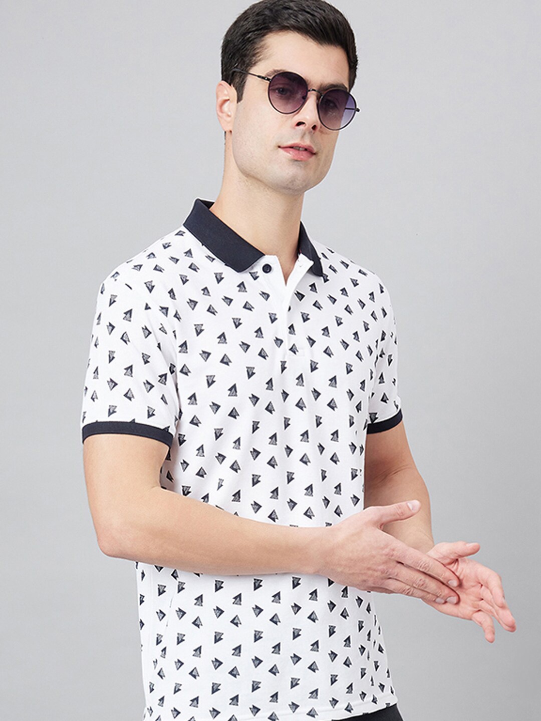 

98 Degree North Geometric Printed Polo Collar Cotton T-shirt, White