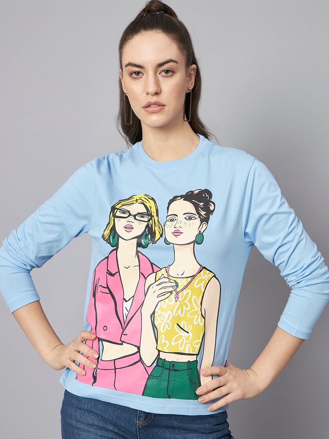 

The Dry State Round Neck Long Sleeves Graphic Printed Loose Fit Cotton T-shirt, Blue