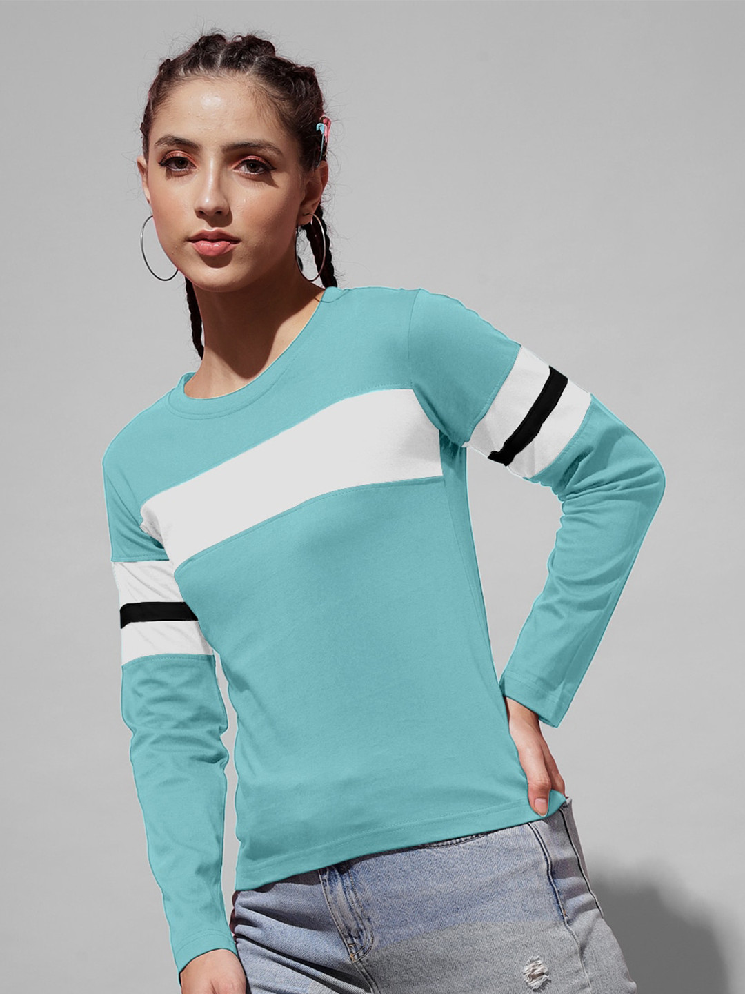 

The Dry State Colourblocked Striped Round Neck Long Sleeves Cotton T-shirt, Turquoise blue