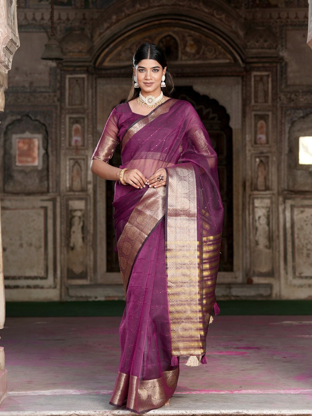 

K 5 Fashion Striped Woven Design Zari Organza Saree, Purple