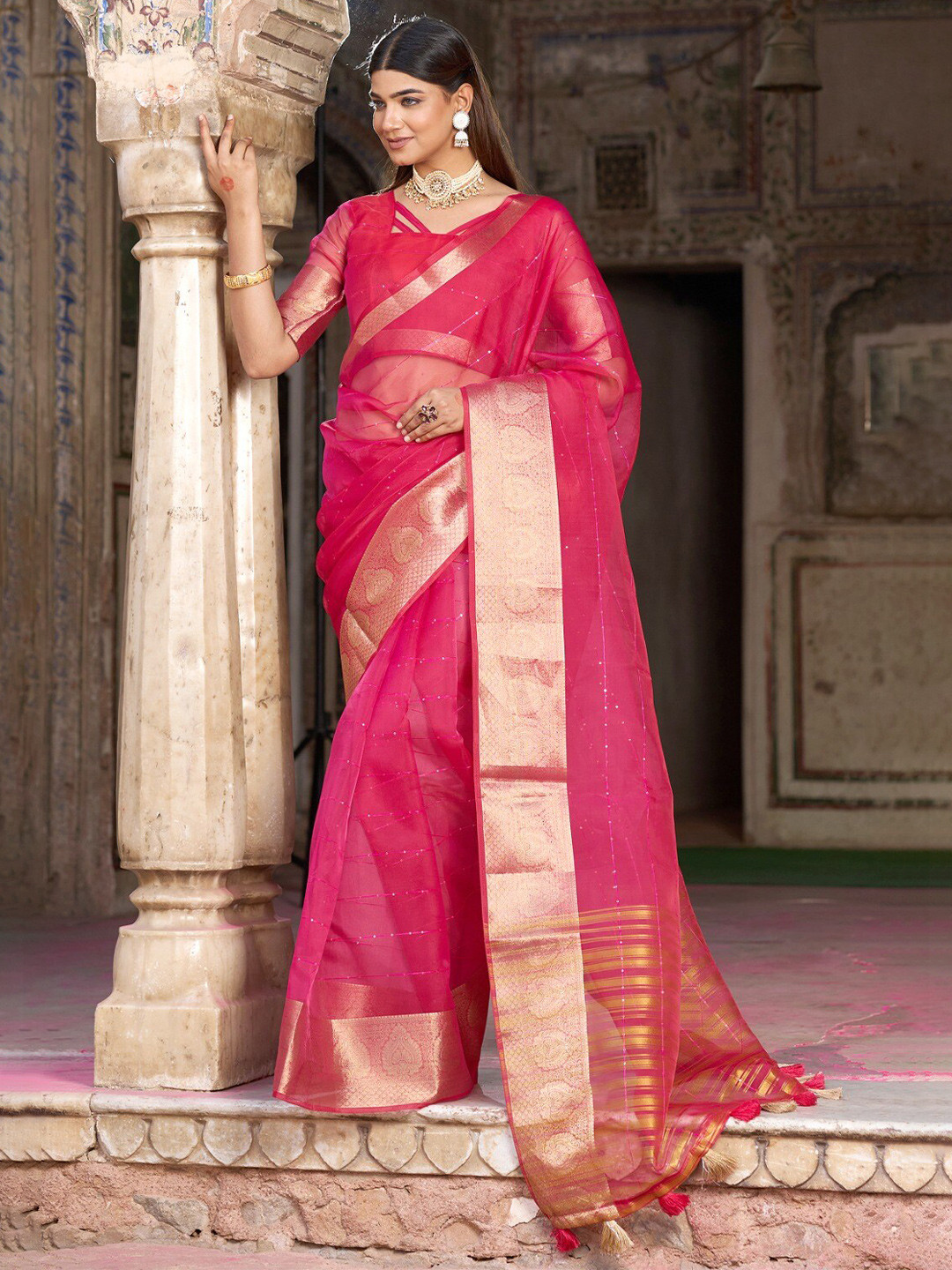 

K 5 Fashion Striped Embellished Sequinned Organza Saree, Pink