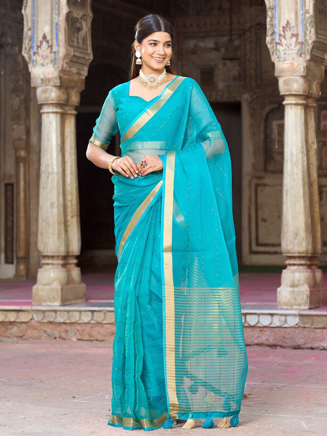 

K 5 Fashion Striped Woven Design Organza Zari Saree, Blue