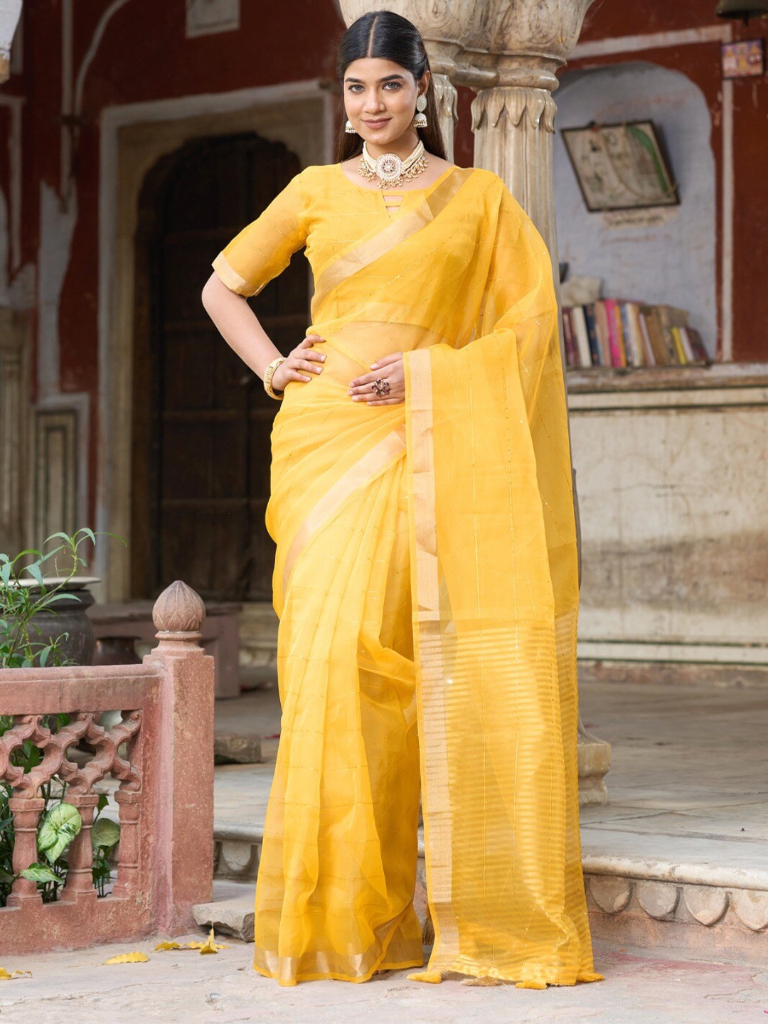 

K 5 Fashion Striped Woven Design Sequinned Organza Saree, Yellow