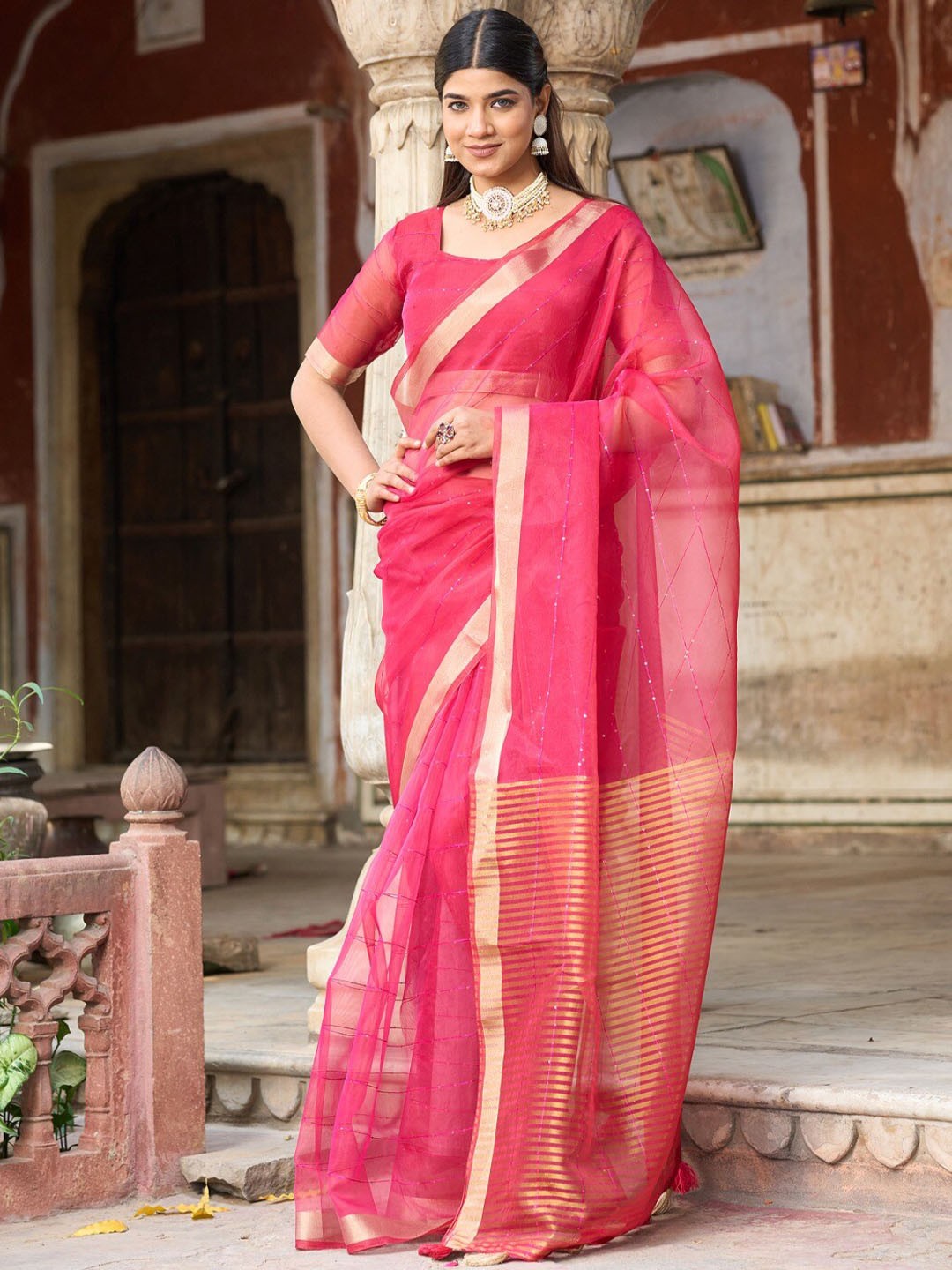

K 5 Fashion Striped Embellished Sequinned Organza Saree, Pink