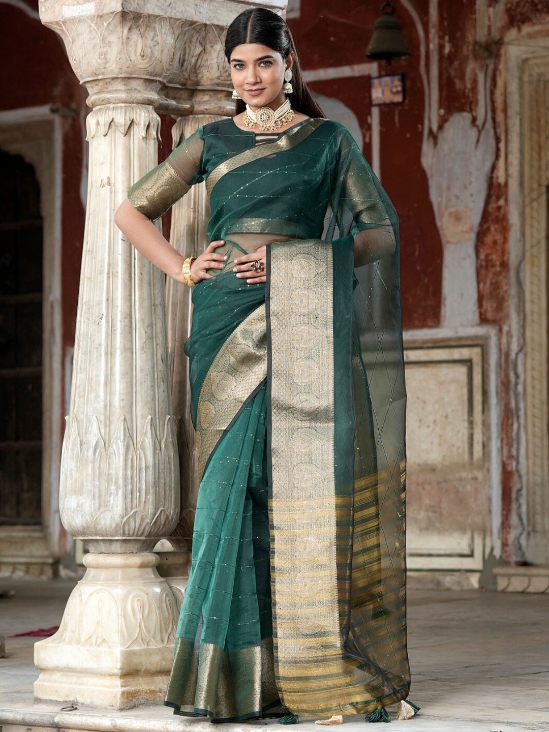 

K 5 Fashion Striped Embellished Sequinned Organza Saree, Green