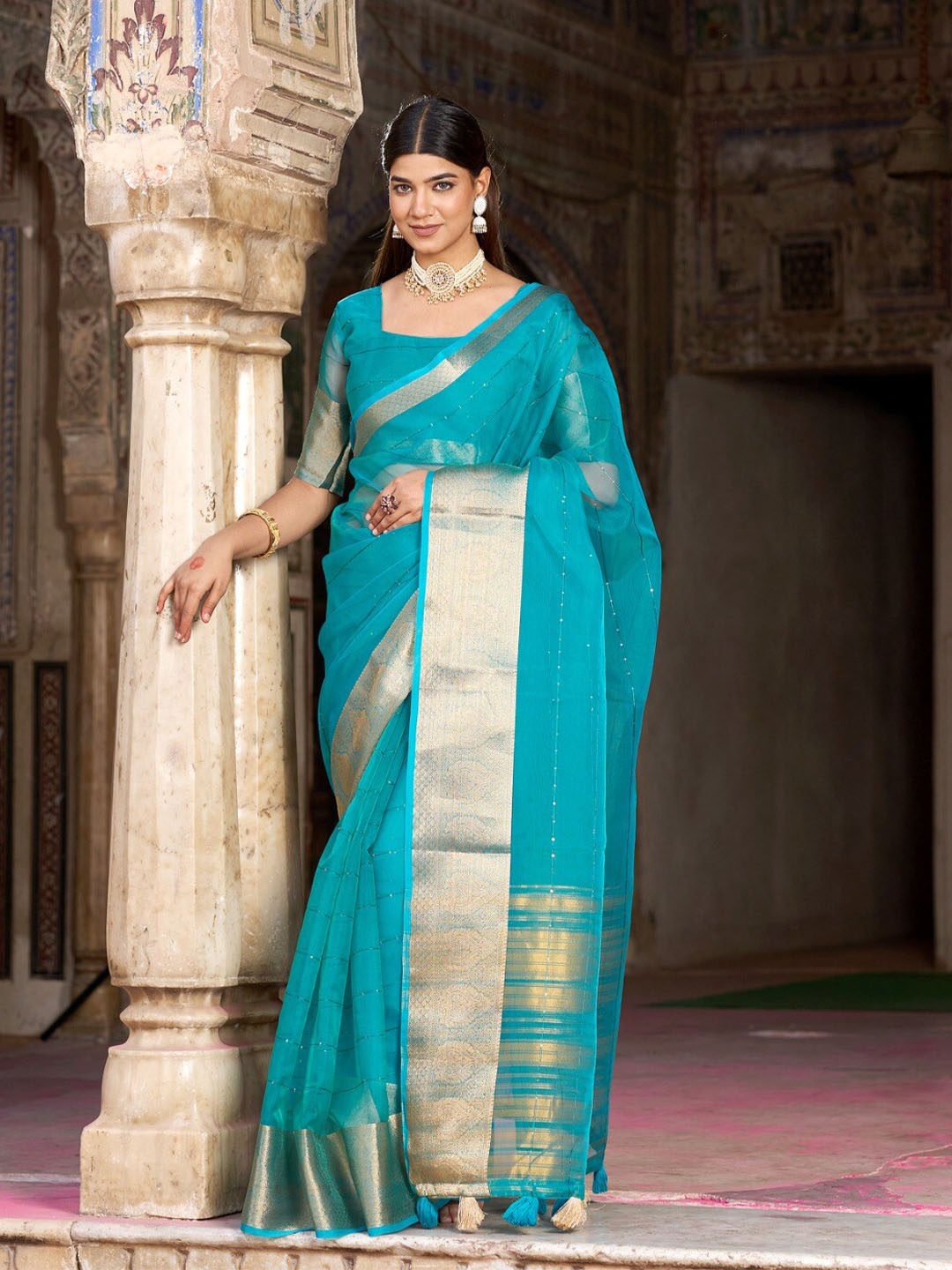

K 5 Fashion Striped Woven Design Sequinned Organza Saree, Blue