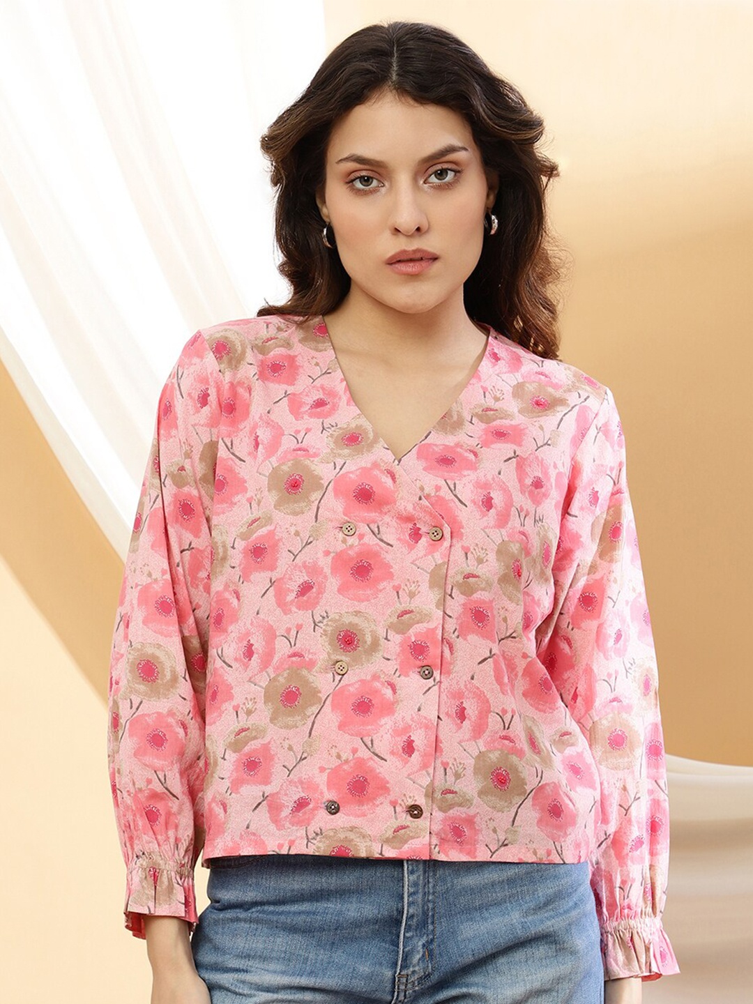 

Sringam Floral Printed V-Neck Bell Sleeve Cotton Wrap Top, Pink