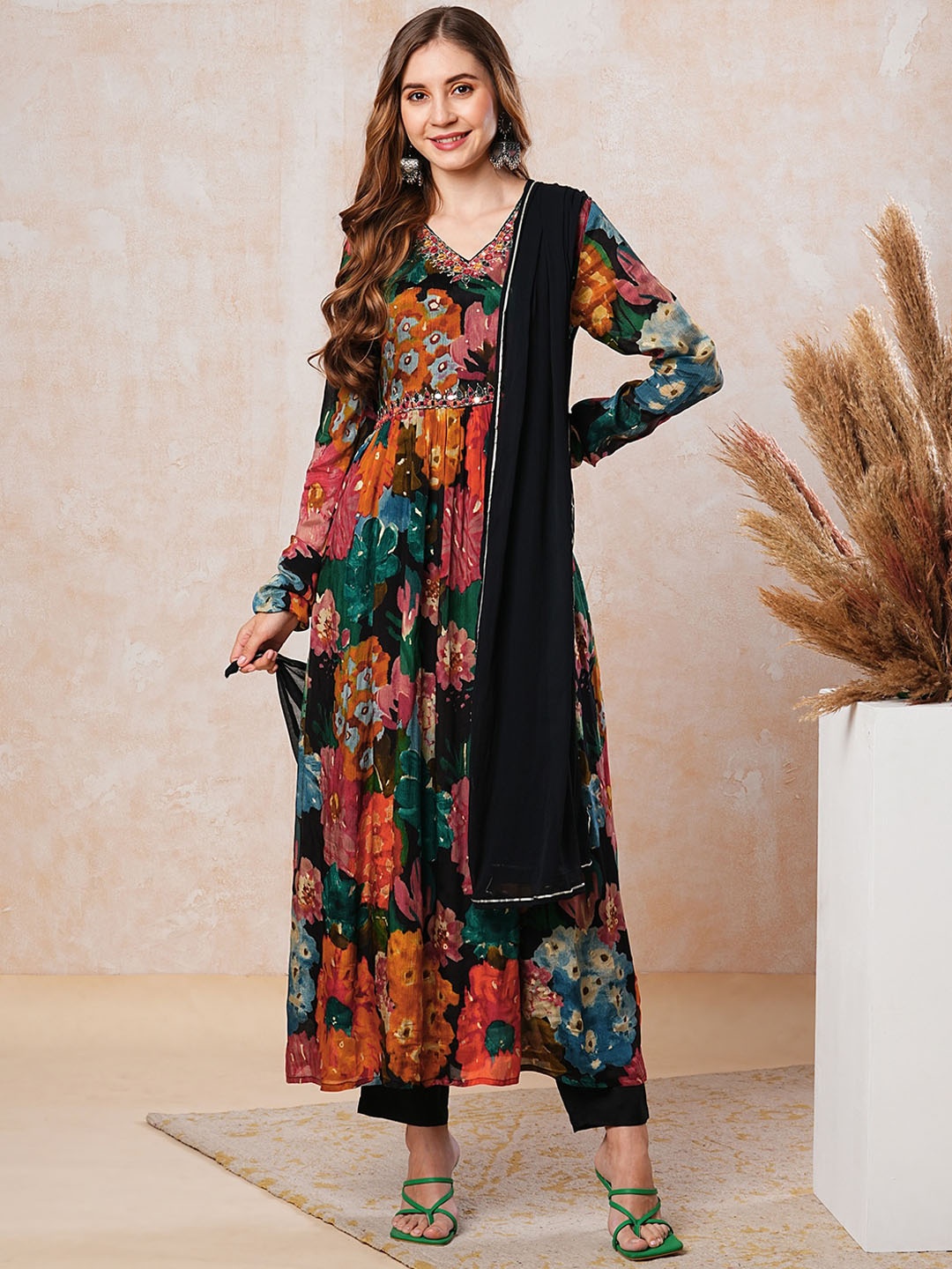 

FASHOR Floral Printed Pleated Mirror Work Straight Kurta With Trouser & Dupatta, Orange