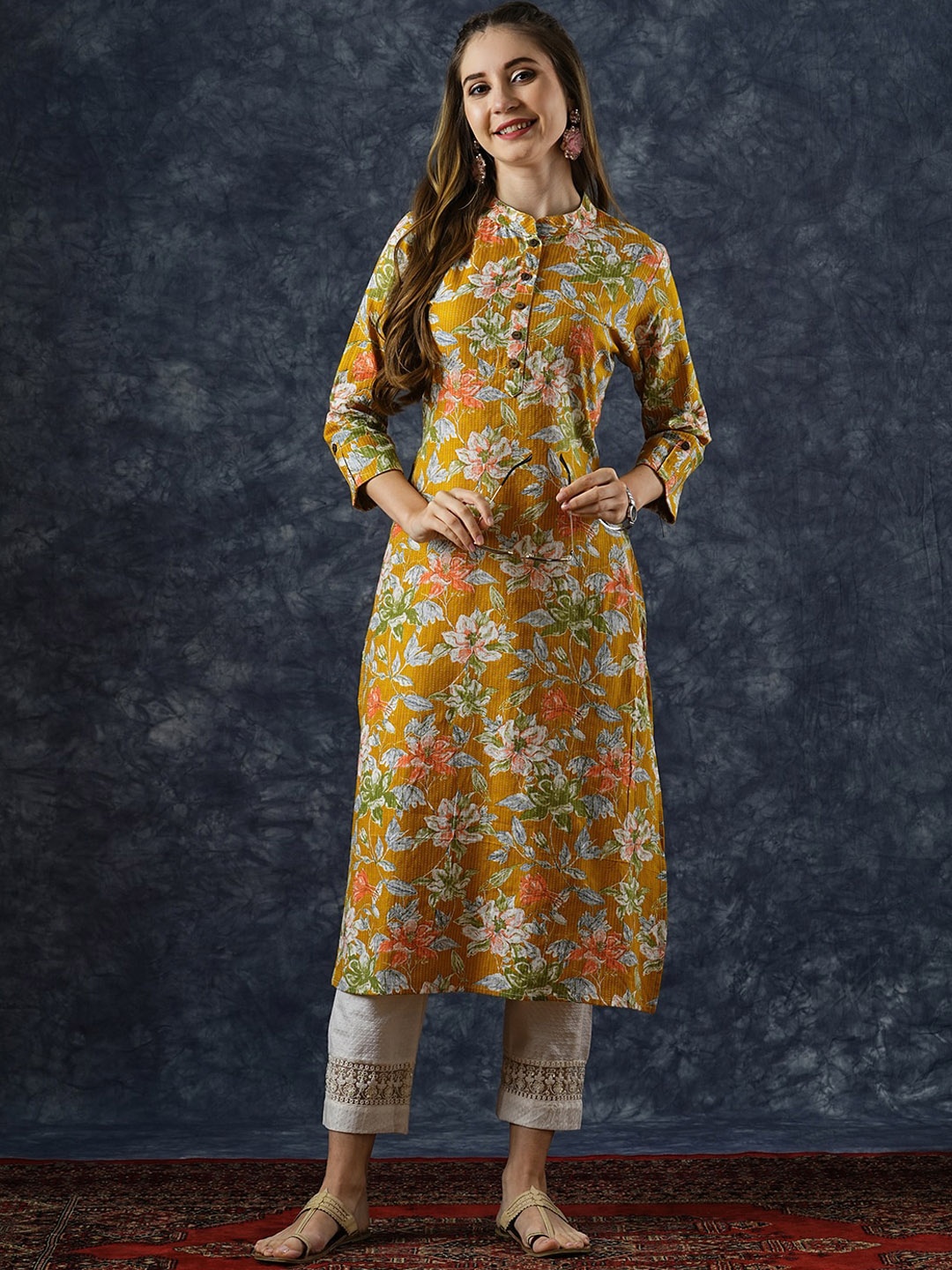 

FASHOR Floral Printed Mandarin Collar Straight Pure Cotton Kurta, Mustard