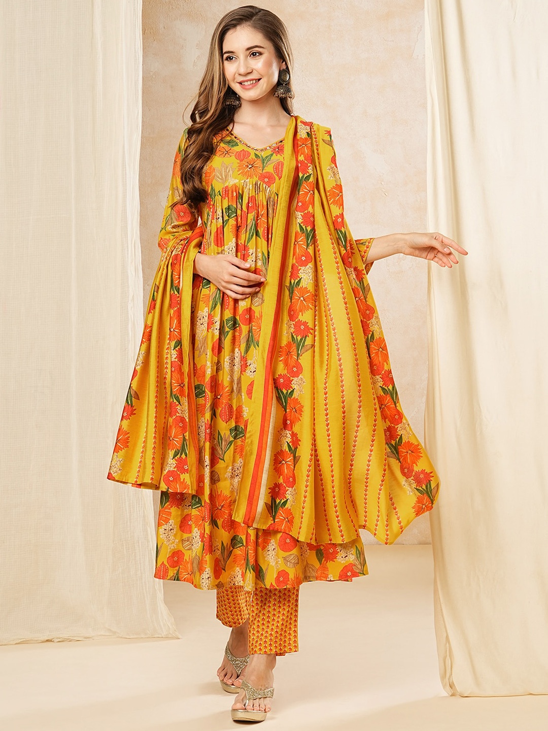 

FASHOR Yellow Floral Printed Mirror Work V-Neck Anarkali Kurta With Trousers & Dupatta