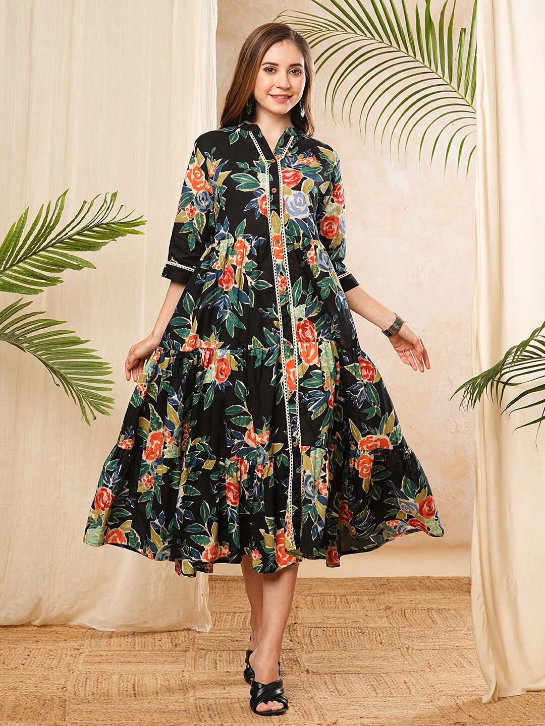 

FASHOR Black Floral Printed Gathered Detailed Tiered Cotton A-Line Midi Dress