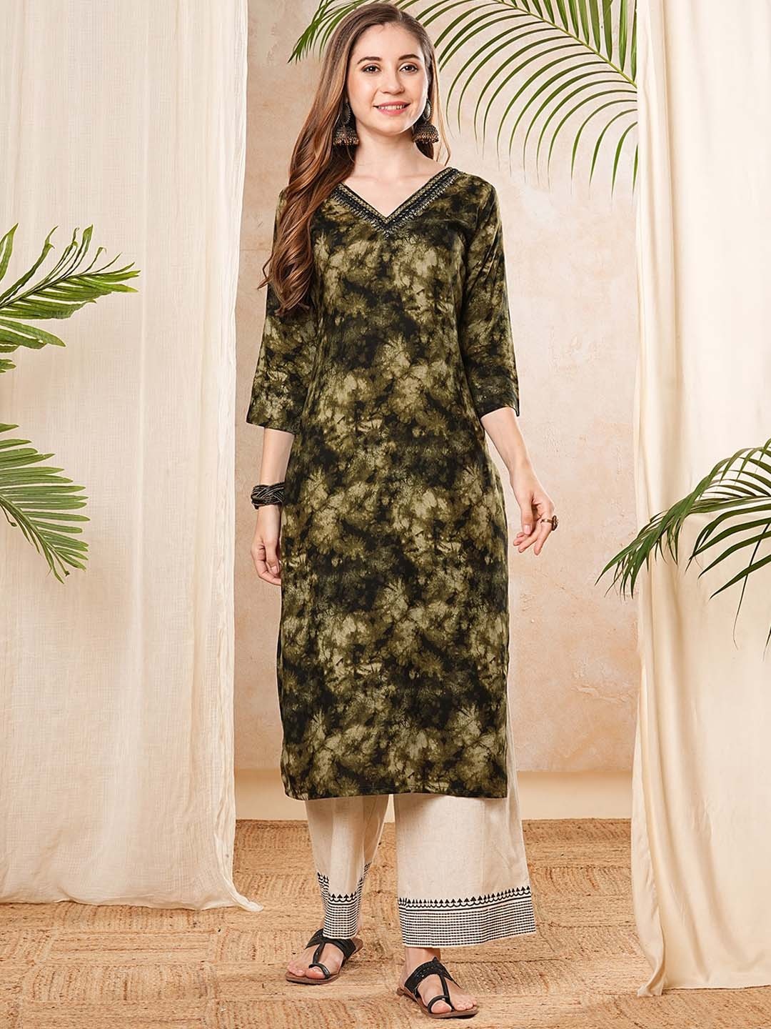 

FASHOR Abstract Printed Thread Work Straight Kurta, Olive