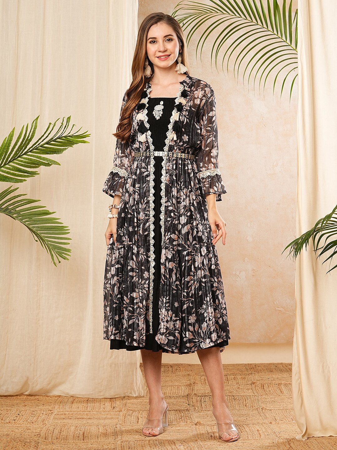 

FASHOR Floral Print A-Line Gathered Or Pleated Midi Dress, Black