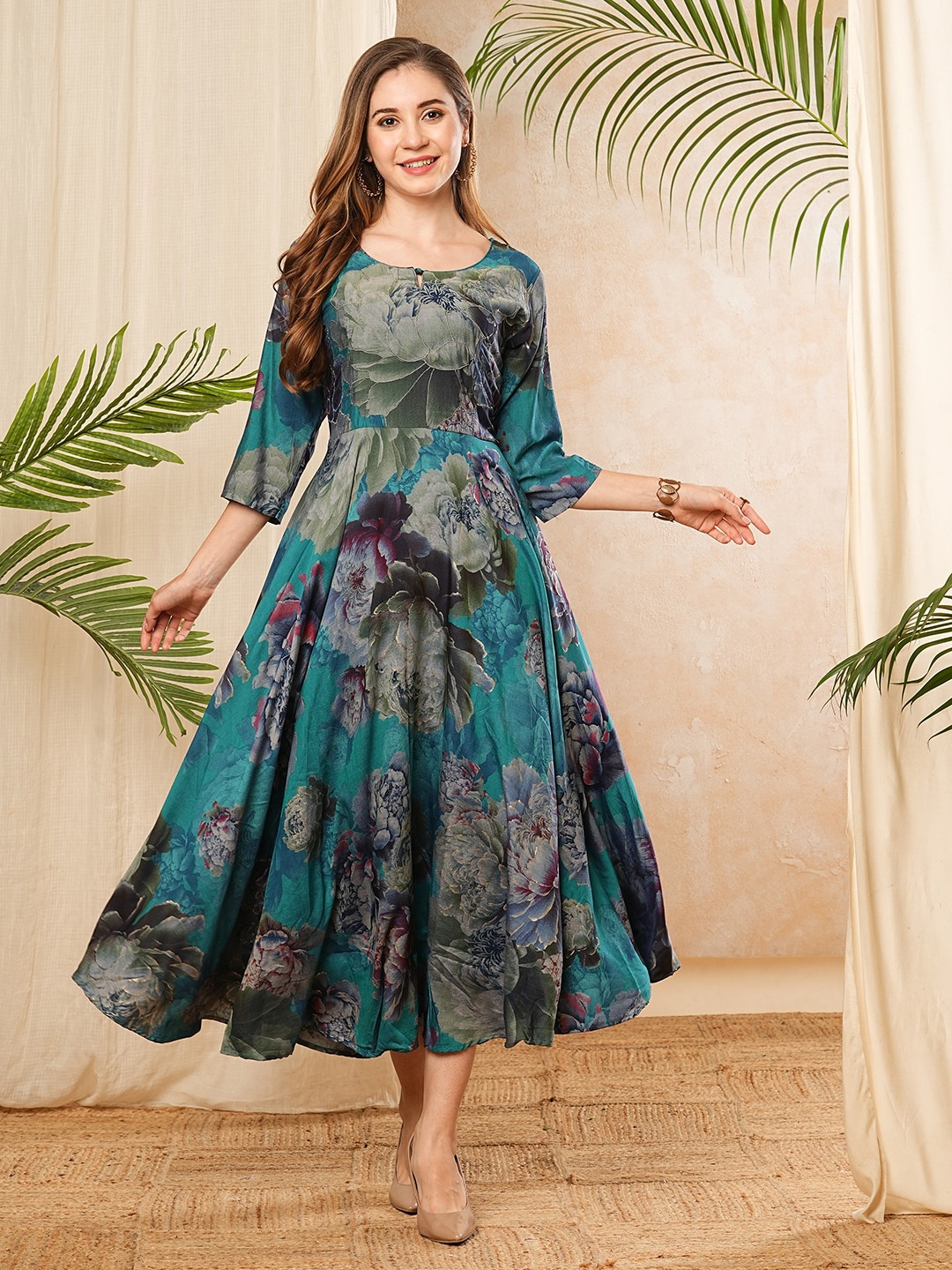 

FASHOR Floral Print Bell Sleeves Crepe Maxi Dress, Sea green